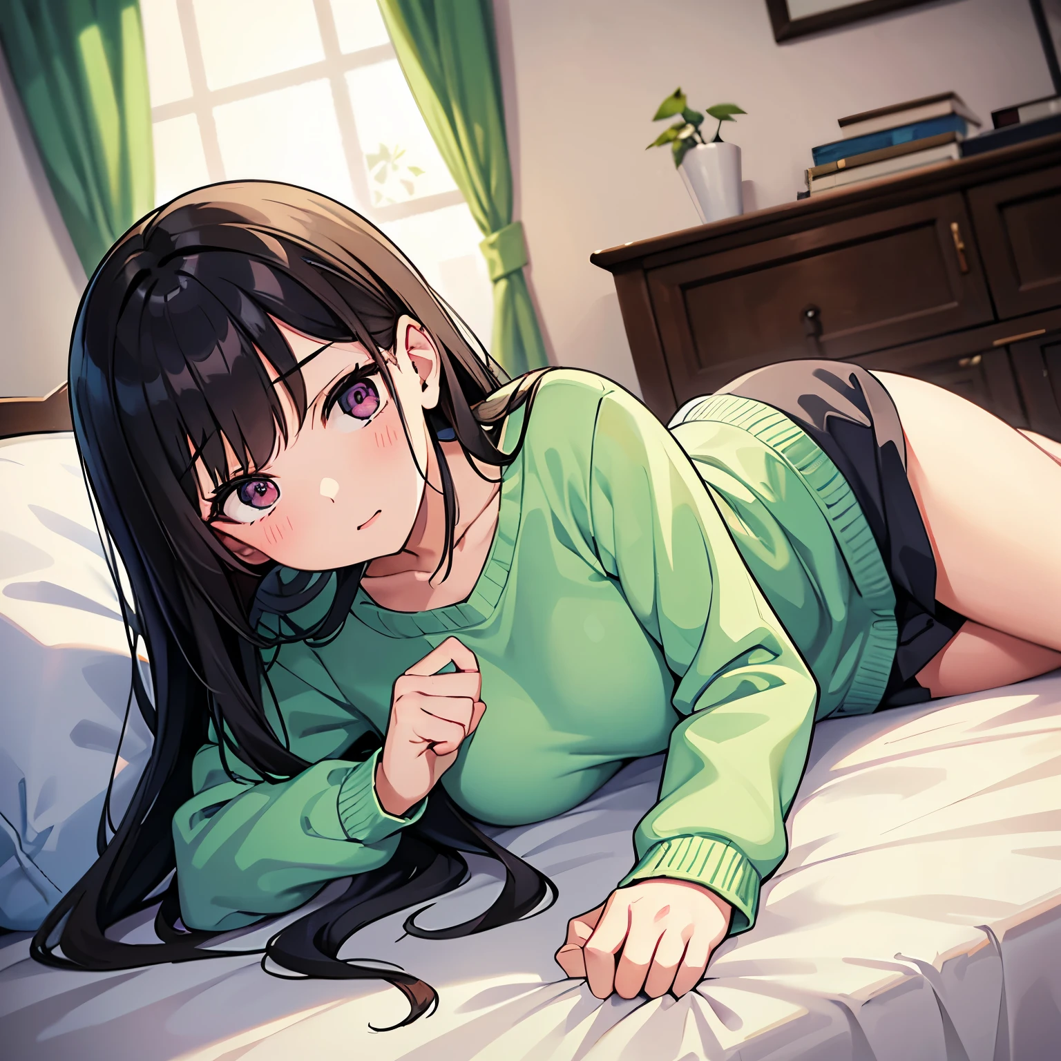A young woman with dark hair who has dropped out of elementary school, has been a recluse for many years, is unemployed, and is bedridden with depression, and lies in bed all day