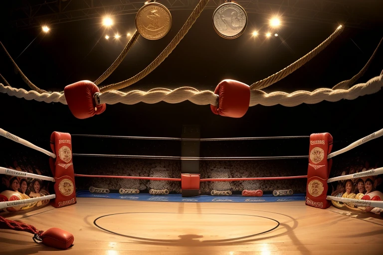boxe ring with lights and ropes, boxe ring sol blanc coin blanc et sol blanc sol, fond d' Boardwalk Hall Atlantic City, Ring de boxe avec le sol blanc et les coins blanc, scene background Boardwalk Hall d'Atlantic City, toile de fond Boardwalk Hall Atlantic City, écran centrale au dessus du ring comme au Boardwalk Hall in a boxe ring, boxe, boxe match, scene, projecteur, barre d'background, spot et projecteur au plafond fond dramatique, atmospheric perspective, glowing light, 8k, super detail, best quality, masterpiece