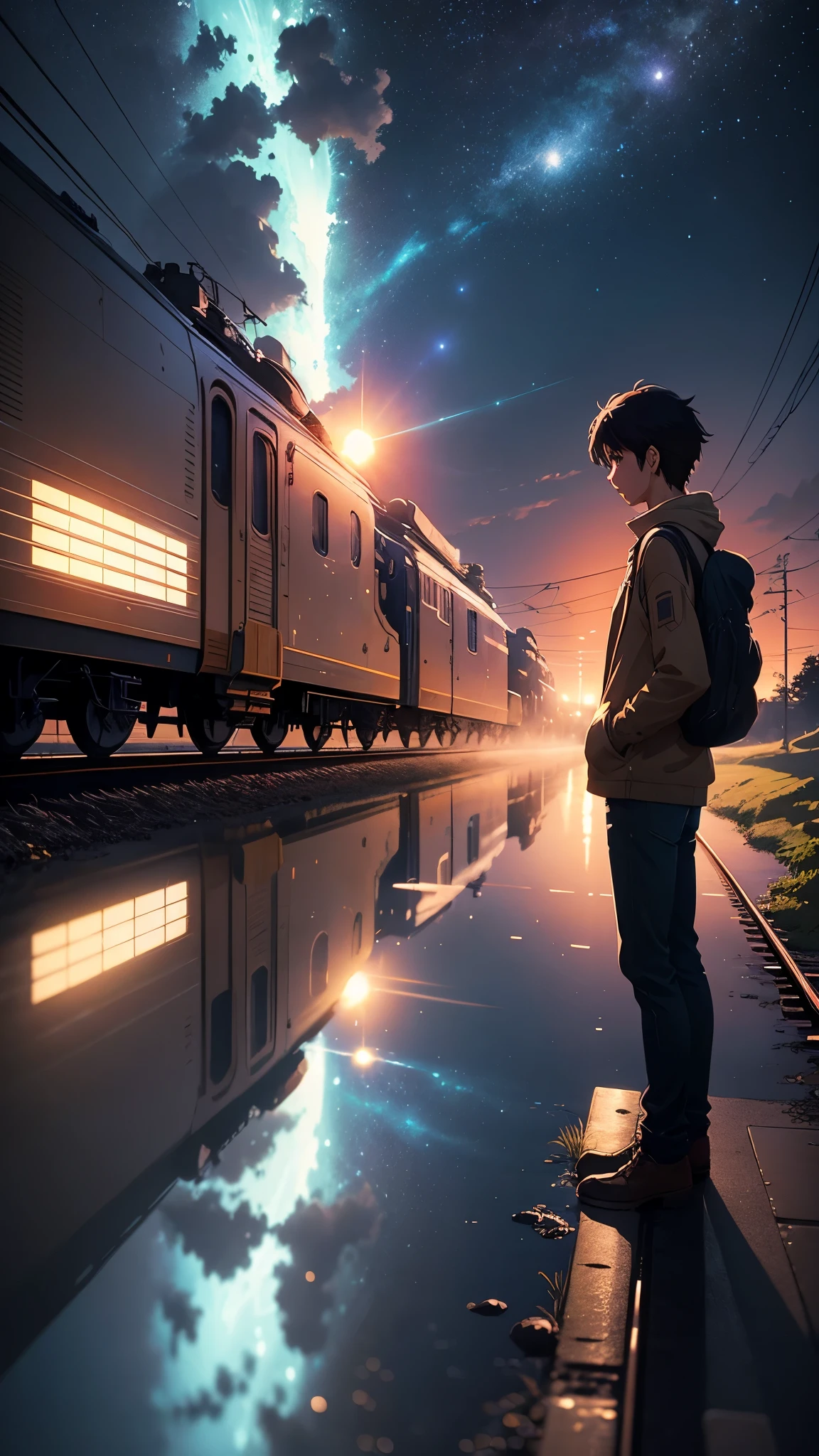 Masterpiece, anime train passing through bodies of water on tracks, bright starry sky. Romantic train, Makoto Shinkai's picture, pixiv, concept art, lofi art style, reflection. by Makoto Shinkai, lofi art, Beautiful anime scene, Anime landscape, detailed scenery —width 672, in style of Makoto shinkai, style of Makoto shinkai, enhanced details.