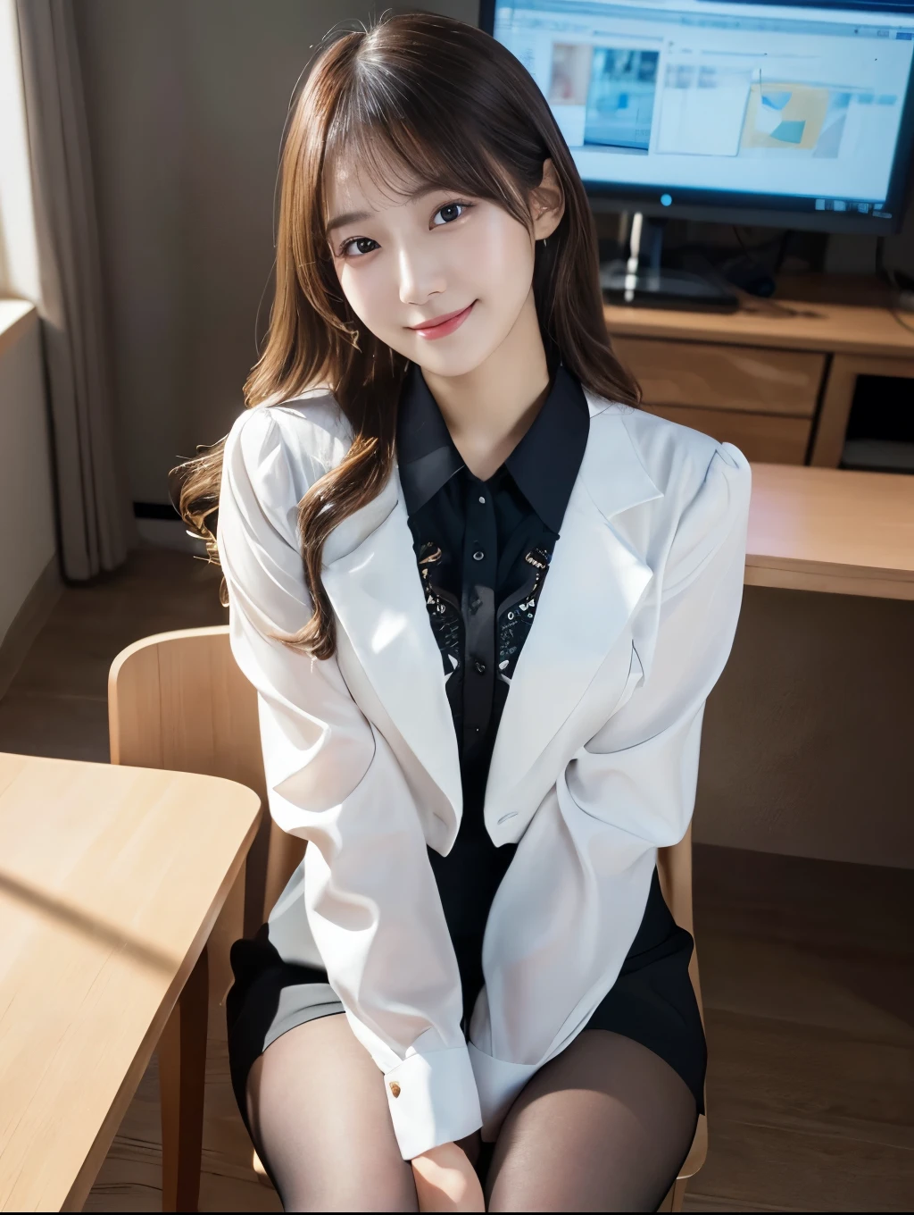 Wearing a white open shirt,Woman sitting on chair, Wearing pantyhose, Crossing your legs, lower angle, Elegant legs, She wore a miniskirt secretary-style suit., Japanese Model, born,(8k、highest quality、masterpiece:1.2)、(Intricate details:1.4)、(Photorealistic:1.4)、Octane Rendering、Complex 3D rendering with ultra-detail, Studio Soft Light, Rim Light, Vivid details, Super Detail, Realistic skin texture, Detailed aspect, Beautiful details in the eyes, Highly detailed CG Unity 16k wallpaper, compensate, (Detailed Background:1.2),Glowing Skin、Wavy long hair,Cute face:1.2,Age 20,Exposed thighs!!!,Smiling