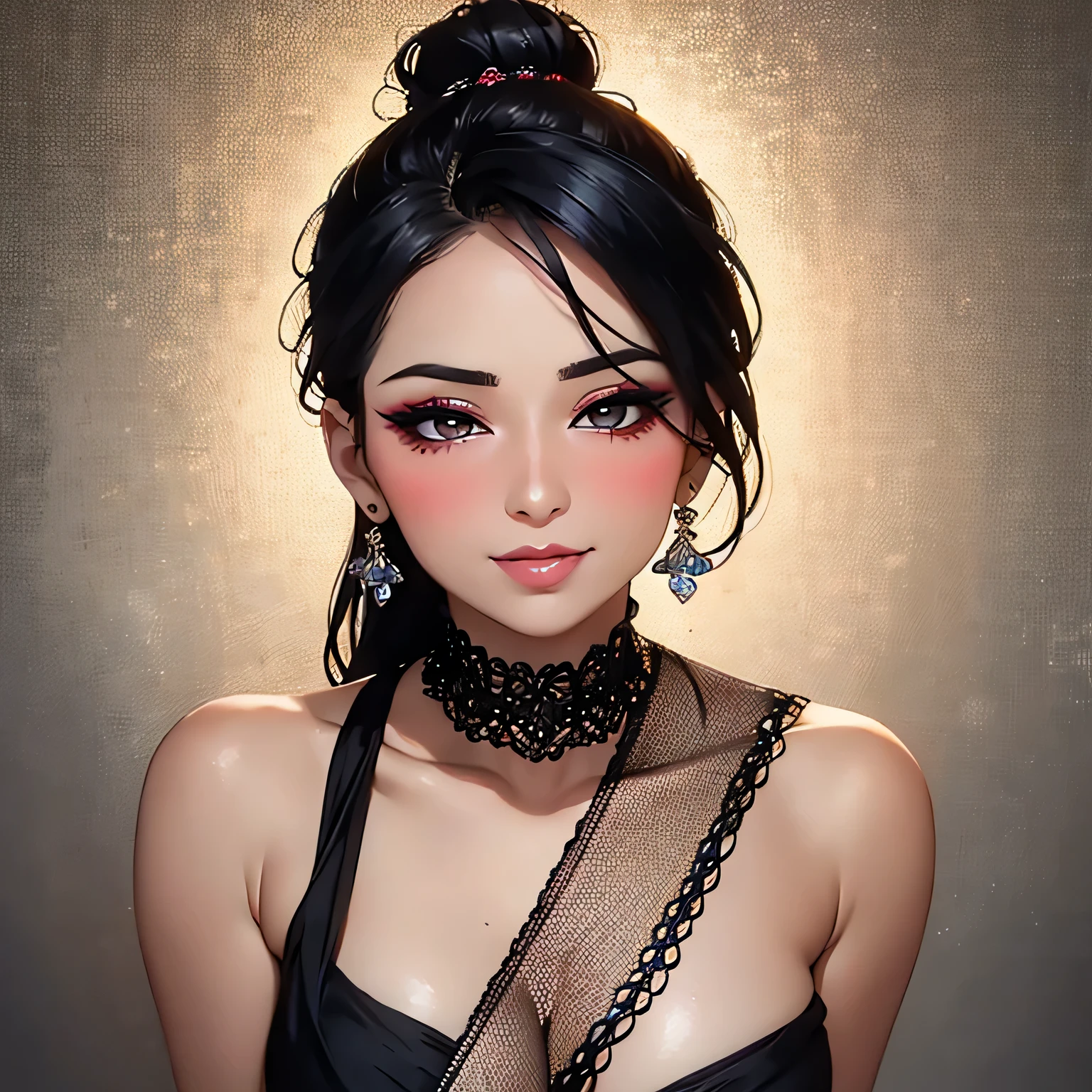 Amazing portrait of a sexy woman who is a MILF and your neighbour with her black hair in a bun with seductive eyes and she's blushing with a seductive smile wearing amazing makeup wearing a saree with a lustful look and a sultry pose