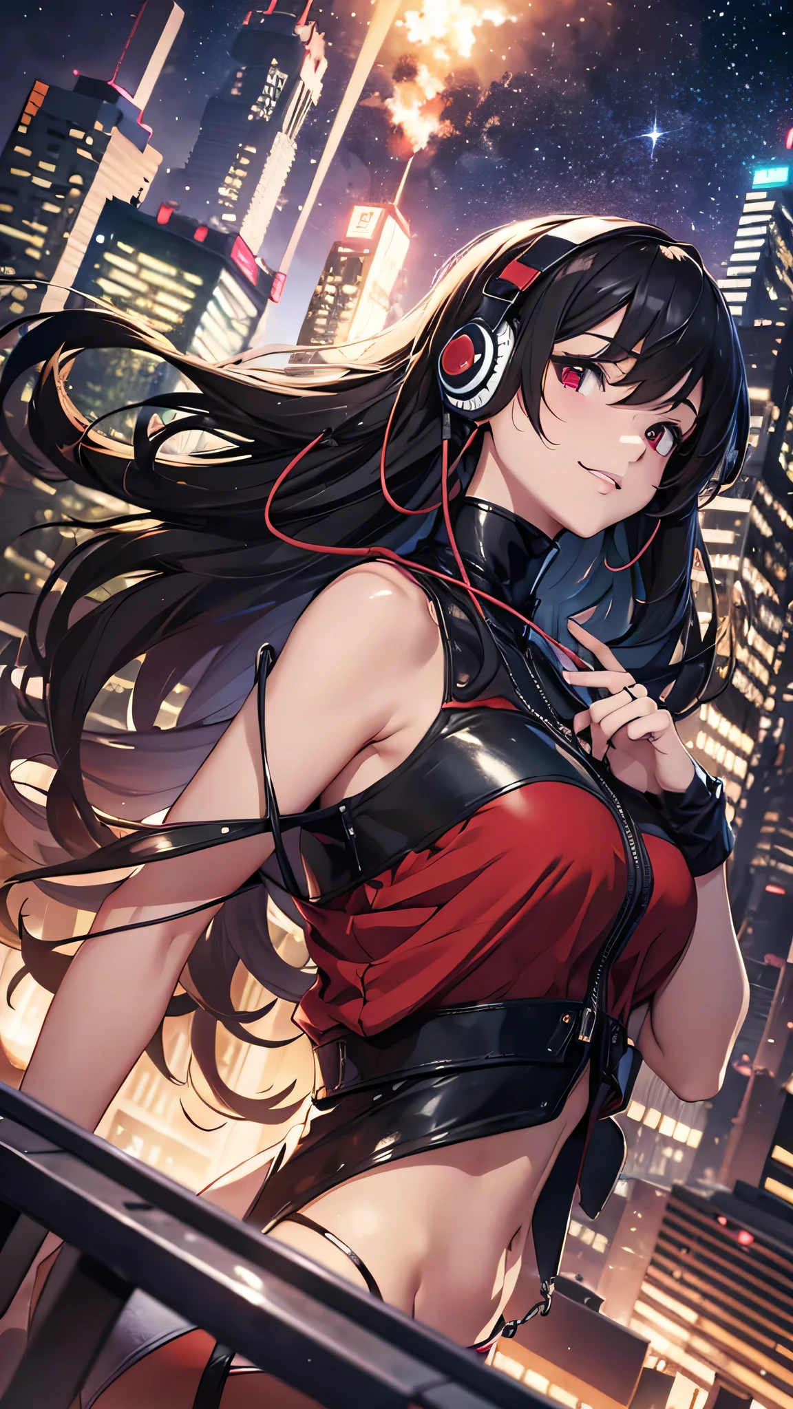 Highest quality、Highest quality、Masterpiece、girl((half、18-year-old、as soon as、Highest Bust、Medium Bust、Wide open chest、Red glowing eyes、Black Ear、Red Mesh、Disheveled Hair、Loincloth、thin、The best valley、Open chest、hair ornaments、Full body view、pants、Sports Bra、Random Pause、smile、headphone))、high quality、Beautiful Art、background((Collapsing Ground、no gravity、Floating Object、City of night、shooting star))、flight、Flying Debris、Depth of text、movie、Visual Arts、Perfect Art、8K、Genuine、Special Angles