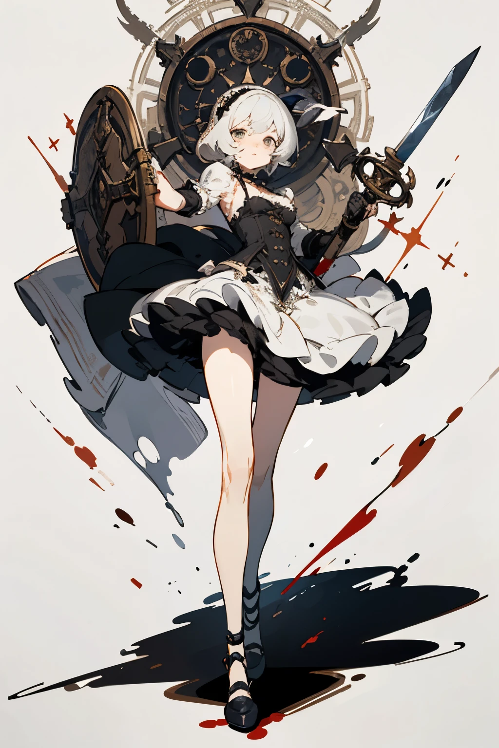 ((best quality)), ((masterpiece)), (detailed), perfect face ((best quality)), ((masterpiece)), (detailed), blank white background, plain background, white background, Bloodborne inspired, occult aesthetic, occult, detailed and intricate steampunk and detailed gothic, (zentangle, mandala, tangle, entangle), NSFW, torn clothing, Very dramatic and cinematic lighting, cosmic horror, grim-dark, side-lighting, perfect face, a beautiful goddess adorned and enshrined in armour, Bloodborne inspired , occult aesthetic , occult , detailed and intricate steampunk and detailed gothic , wielding a sword and holding a shield, NSFW, Fluttering lace flared short dress with frilly petticoats, knee length dress, pleated petticoats, ta dress, petticoats gothic loliside-lighting, gothic lolita aetic, beautiful small breasts, small breasts, full body, whole body, body, plain background, white background, blank background, no background, white background NSFW, full body, whole body, head-to-toe