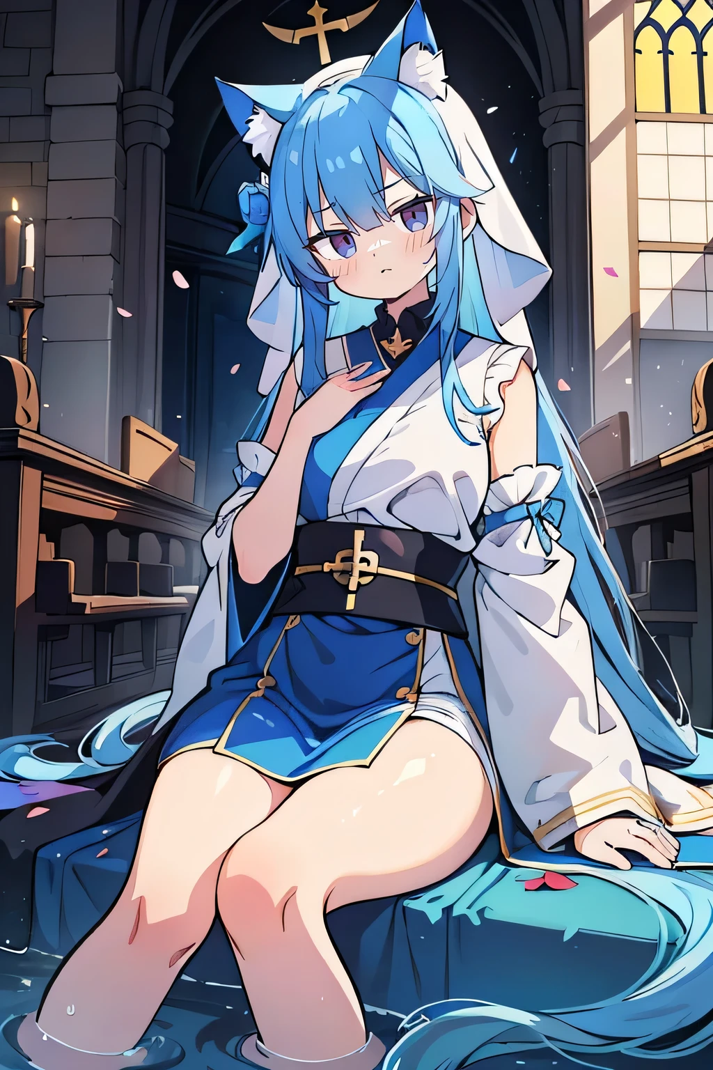 (masterpiece:1.2),Extremely detailed,Practical,expressive eyes,Fair skin,Perfect face shaping,1 Girl,
Japanese cartoons,Gorgeous blue hair, the long flowing blue hair,Floating clothes,Cat ears,Petals fall,beautiful lola,Young Angel,
Place your hands on your waist,sit elegantly on the ground,Cross your legs,Gentle and peaceful background,church,Nun&#39;s Clothes,back view,lie on the water,Large Breasts, H Cup, Good breasts, Place your hands on your waist,beautiful, Gorgeous,Japanese cartoons,girl,Lola,Hina Angel, Blue Hair, Blue Haired,Tent breasts, tent box, tent chest, Floating clothes,Grab your waist, Grab your waist, Hands on Hips , hands on hips,sit, sit on ground, Legs on the ground. 