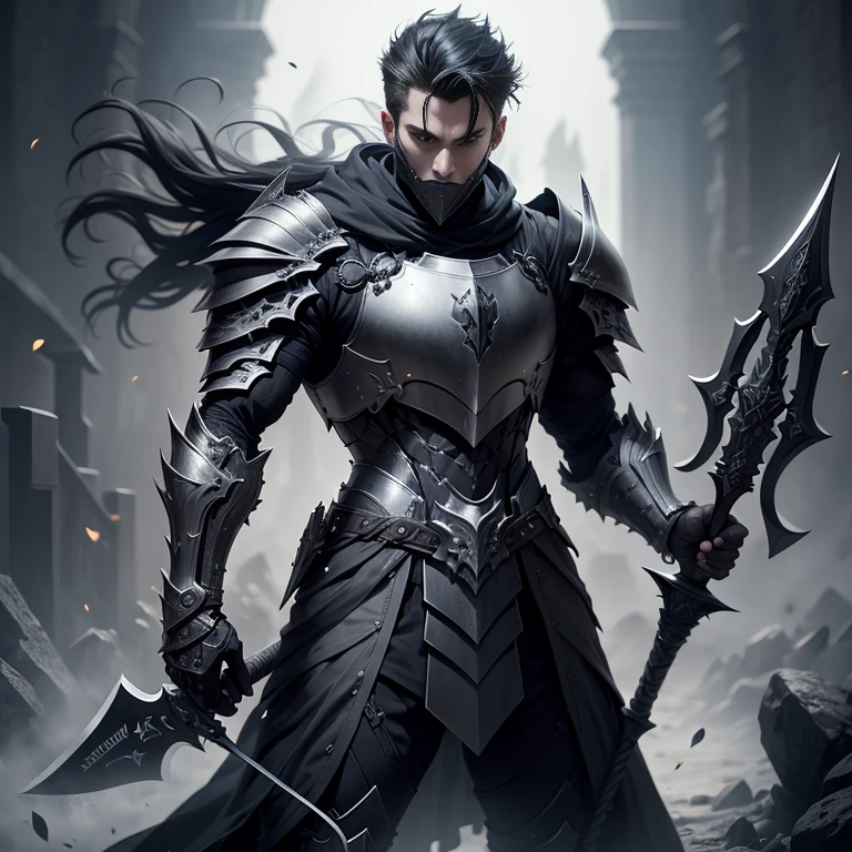 A male knight wearing an intricated elaborated dark gray armor with black accents, holding an axe in two hands, dynamic pose