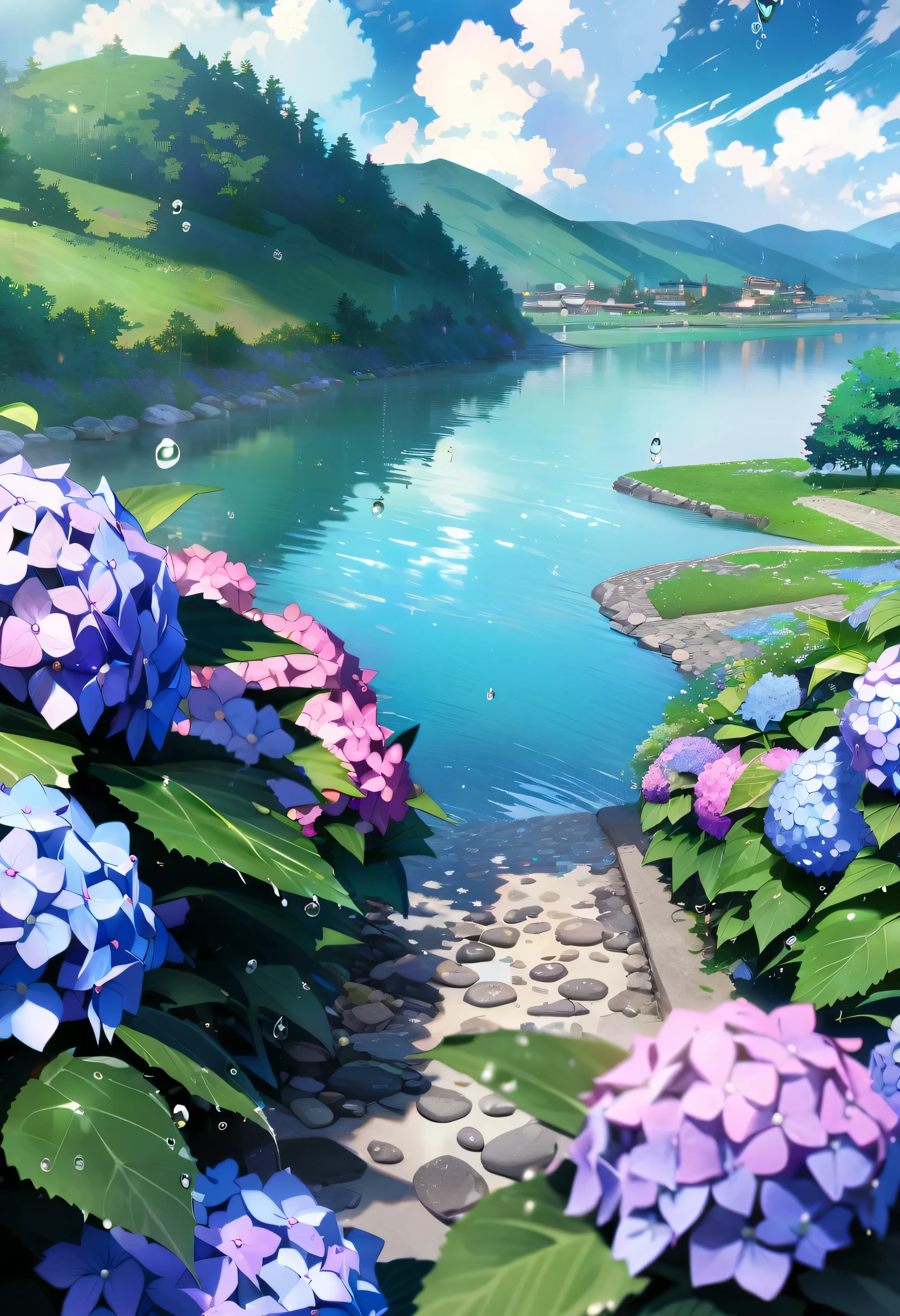 Hydrangea, garden, lake, Small hill, Pebble Road,anime, masterpiece, Rain,Cloudy,highest quality, Anatomically correct, Attention to detail, 8k, wallpaper,Water droplets sparkle