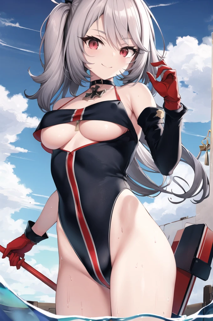 u-410_\(Azure_lane\),Grey Hair,Long Hair, Red eyes, choker, one piece_Swimwear,Underbust, gloves, Exposing shoulders, smile,In the water, Cowboy Shot,, masterpiece, highest quality, Highly detailed face, Sharp details, High Contrast,