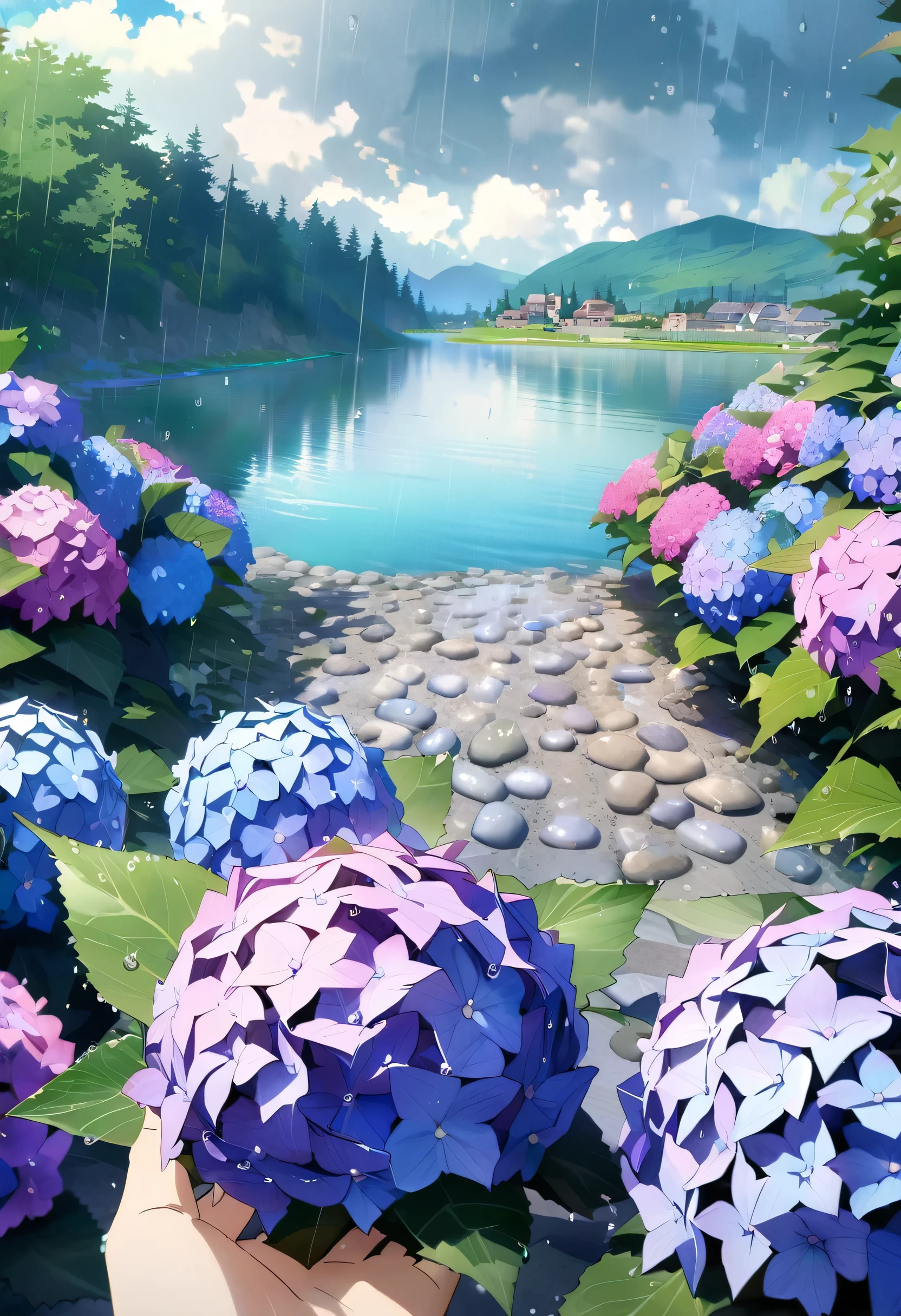 Hydrangea, garden, lake, Small hill, Pebble Road,anime, masterpiece, Rain,Cloudy,highest quality, Anatomically correct, Attention to detail, 8k, wallpaper,Water droplets sparkle