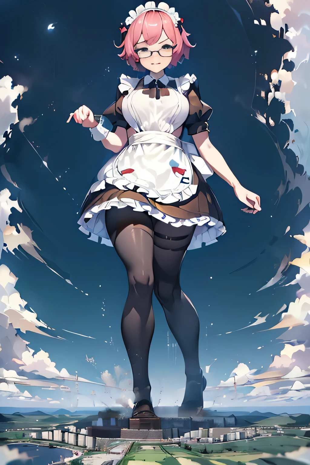giantess art, highly detailed giantess shots, giantess, Two legs, Five fingers, short hair, A beautiful girl who is bigger than any skyscraper, Wearing rimless glasses, smile, Big Breasts, Maid clothes, Black Pantyhose, black pantyhose, no shoes on, toes visible through pantyhose, Steam coming out from the soles of my feet, Destroying cities, A very small big city, Miniature metropolis, Full body description, GTS, giga giantess, stomping city, crash city, tiny city, micro city, pantyhose feet, High resolution, highest quality, masterpiece, Maid, maid, 