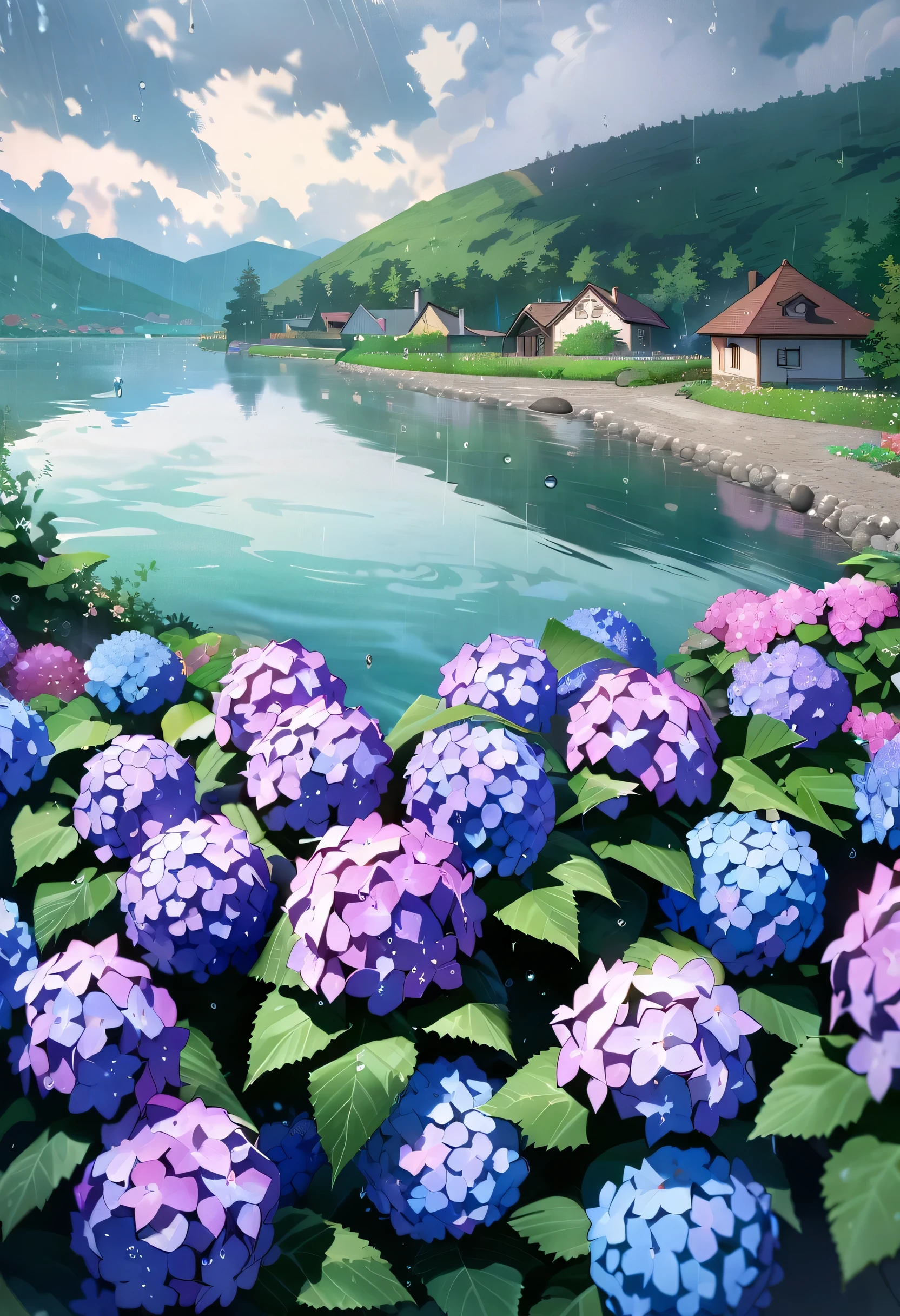 Hydrangea, garden, lake, Small hill, Pebble Road,anime, masterpiece, Rain,Cloudy,highest quality, Anatomically correct, Attention to detail, 8k, wallpaper,Water droplets sparkle