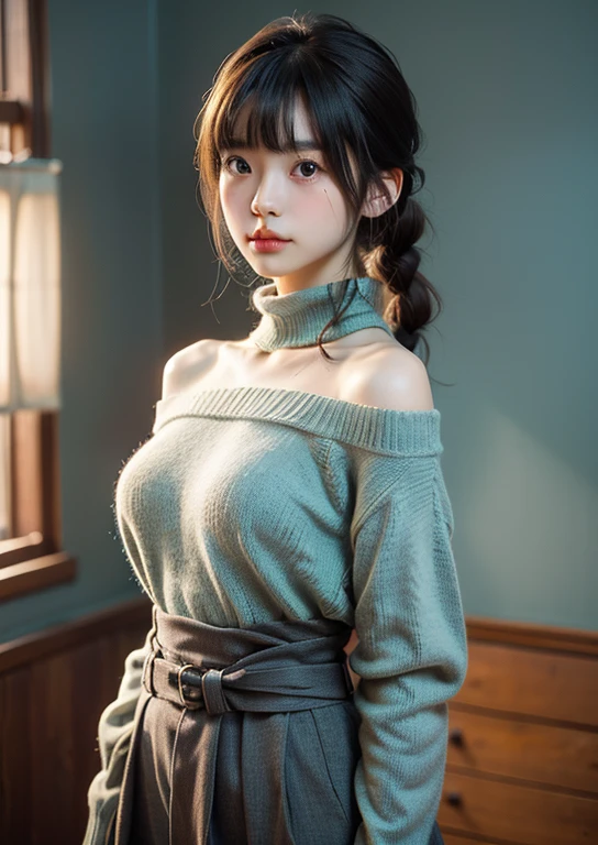(((Waist Up)))、(((Shoulder-length brown straight hair,With bangs)))、(((Against a light interior background.)))、(((Turquoise Summer Sweater)))、very cute、Half of Japan, Half Korean、18 year old girl、Light eye makeup、Shiny, Ultra-realistic faces、Subtle lighting effects、 Ultra-realistic capture、Very detailed、High resolution 16K、Skin texture must be natural、skin health、Uniform tone、Use natural light and color、Braided hair on top of head、plump breasts、 High-quality photos taken by model agencies