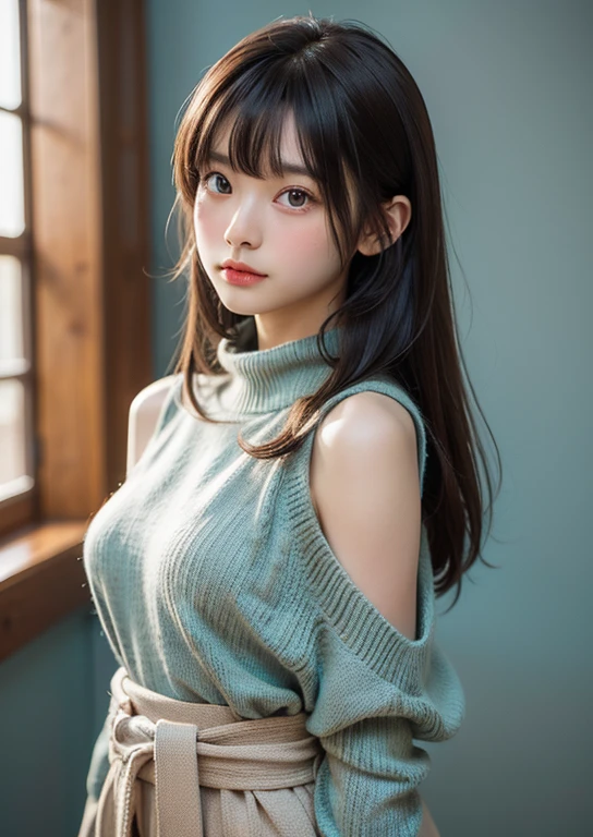 (((Waist Up)))、(((Shoulder-length brown straight hair，With bangs)))、(((Against a light interior background.)))、(((Turquoise Summer Sweater)))、very cute、Half of Japan, Half Korean、18 year old girl、Light eye makeup、Shiny, Ultra-realistic faces、Subtle lighting effects、 Ultra-realistic capture、Very detailed、High resolution 16K、Skin texture must be natural、skin health、Uniform tone、Use natural light and color、Braided hair on top of head、plump ???????、 High-quality photos taken by model agencies