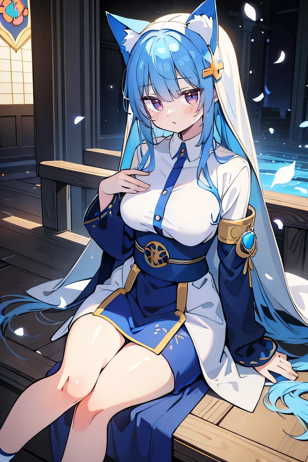 (masterpiece:1.2),Extremely detailed,Practical,expressive eyes,Fair skin,Perfect face shaping,1 Girl,
Japanese cartoons,Gorgeous blue hair, the long flowing blue hair,Floating clothes,Cat ears,Petals fall,beautiful lola,Young Angel,
Place your hands on your waist,sit elegantly on the ground,Cross your legs,Gentle and peaceful background,church,Nun&#39;s Clothes,back view,lie on the water,Large Breasts, H Cup, Good breasts, Place your hands on your waist,beautiful, Gorgeous,Japanese cartoons,girl,Lola,Hina Angel, Blue Hair, Blue Haired,Tent breasts, tent box, tent chest, Floating clothes,Grab your waist, Grab your waist, Hands on Hips , hands on hips,sit, sit on ground, Legs on the ground. 