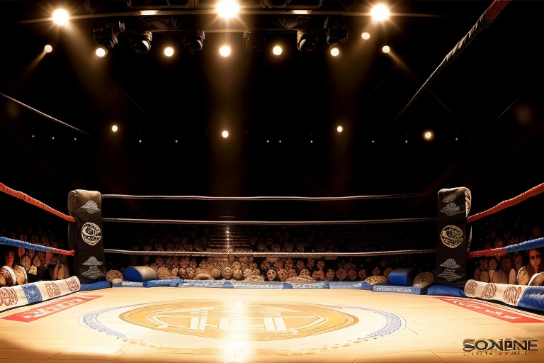 boxe ring with lights and ropes, boxe ring sol blanc coin blanc et sol blanc sol, fond d' Boardwalk Hall Atlantic City, Ring de boxe avec le sol blanc et les coins blanc, scene background Boardwalk Hall d'Atlantic City, toile de fond Boardwalk Hall Atlantic City, écran centrale au dessus du ring comme au Boardwalk Hall in a boxe ring, boxe, boxe match, scene, projecteur, barre d'background, spot et projecteur au plafond fond dramatique, atmospheric perspective, glowing light, 8k, super detail, best quality, masterpiece