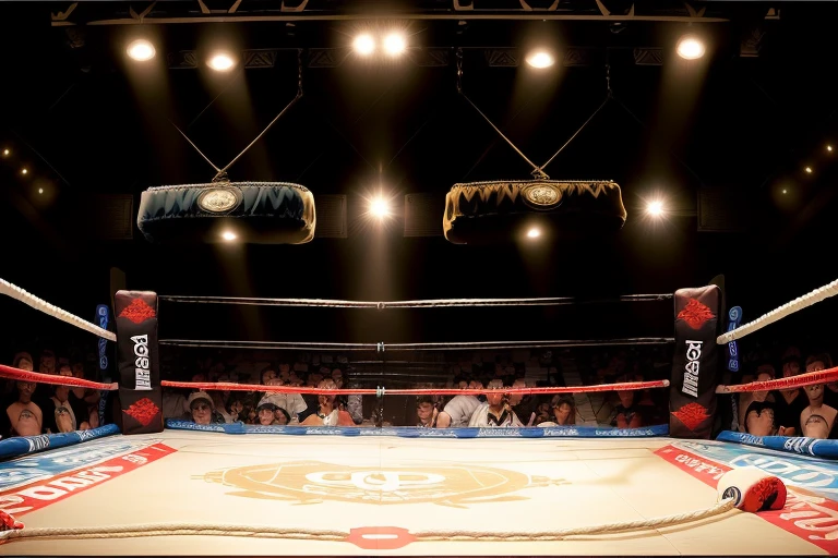 boxe ring with lights and ropes, boxe ring sol blanc coin blanc et sol blanc sol, fond d' Boardwalk Hall Atlantic City, Ring de boxe avec le sol blanc et les coins blanc, scene background Boardwalk Hall d'Atlantic City, toile de fond Boardwalk Hall Atlantic City, écran centrale au dessus du ring comme au Boardwalk Hall in a boxe ring, boxe, boxe match, scene, projecteur, barre d'background, spot et projecteur au plafond fond dramatique, atmospheric perspective, glowing light, 8k, super detail, best quality, masterpiece