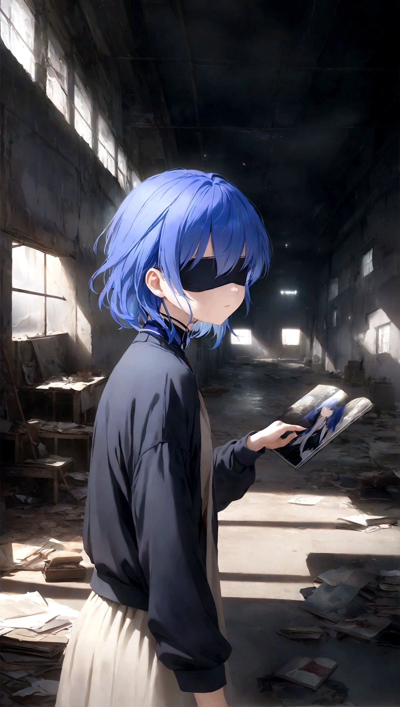Cloth, Cover your eyes,用丝带Cover your eyes, ((Not blindfolded))black, black透明裙子,Long blue hair,In an abandoned factory, dark,Album，Art Books, game_CG, realistic, photo, real,, masterpiece, best quality,short hair，cool