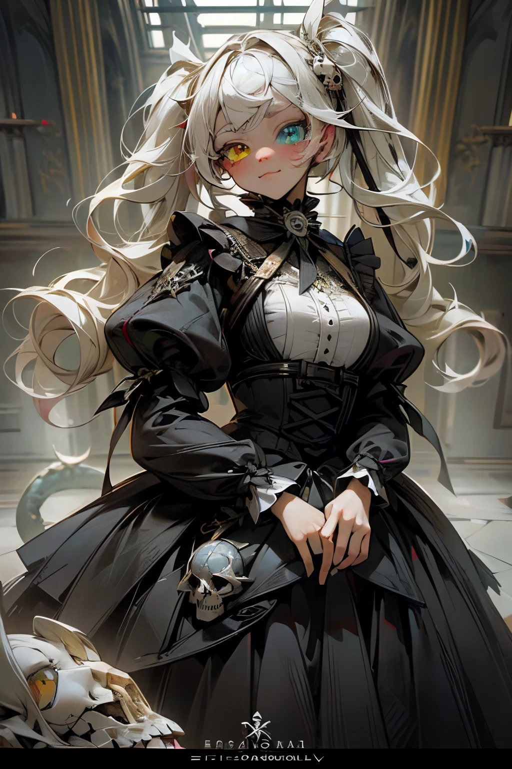 (masterpiece, highest quality, highest quality, Official Art, beautifully、aesthetic:1.2),(heterochromia:1.5),skyblue eye,Yellow eye,Blonde,Long twin tails,Mature Woman,Big Tits,Black Gothic ta,Skull hair ornament,Dragon's Tail,Expressionless,Long skirt,About 20 years old,Burning star,dinosaur,Curtis,Torn clothes,Tattered clothes,(whole body:1.6),Aura on both arms,upright,genocide,Corpse Mountain,River of Blood