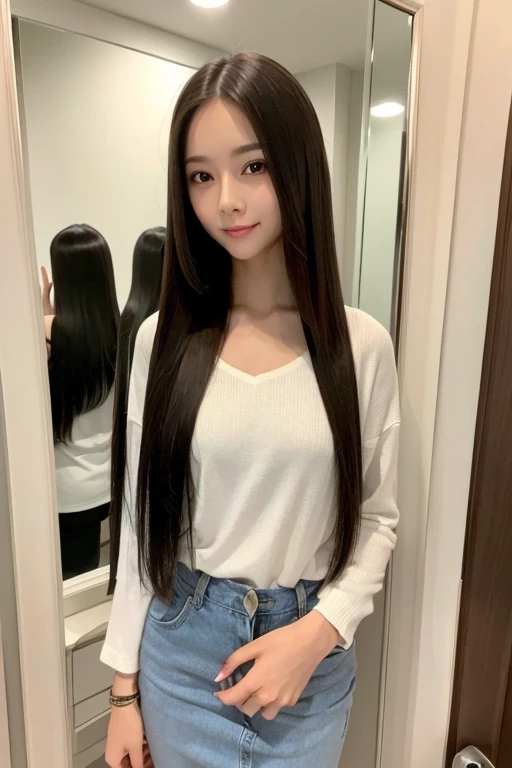- (Best quality, 1 beautiful woman, casual outfit, long straight hair, checking hairstyle in mirror, hair salon, standing pose, pleased expression)
