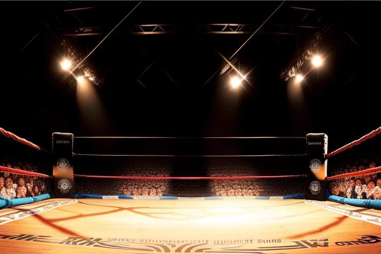 boxe ring with lights and ropes, boxe ring sol blanc coin blanc et sol blanc sol, fond d&#39;  Boardwalk Hall Atlantic City, Ring de boxe avec le sol blanc et les coins blanc, scene background  Boardwalk Hall d'Atlantic City, toile de fond  Boardwalk Hall Atlantic City, écran centrale au dessus du ring comme au  Boardwalk Hall  in a boxe ring,  boxe, boxe match, scene,  projecteur, barre d&#39;background, spot et projecteur au plafond  fond dramatique, atmospheric perspective, glowing light, 8k, super detail, best quality, masterpiece