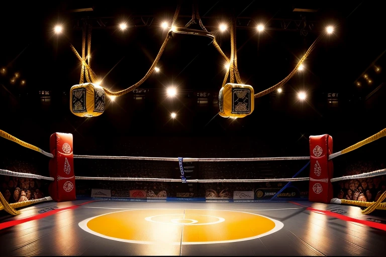 boxe ring with lights and ropes, boxe ring sol blanc coin blanc et sol blanc sol, fond d' Boardwalk Hall Atlantic City, Ring de boxe avec le sol blanc et les coins blanc, scene background Boardwalk Hall d'Atlantic City, toile de fond Boardwalk Hall Atlantic City, écran centrale au dessus du ring comme au Boardwalk Hall in a boxe ring, boxe, boxe match, scene, projecteur, barre d'background, spot et projecteur au plafond fond dramatique, atmospheric perspective, glowing light, 8k, super detail, best quality, masterpiece