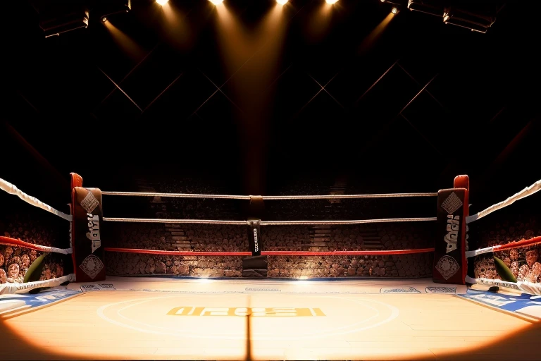 boxe ring with lights and ropes, boxe ring sol blanc coin blanc et sol blanc sol, fond d' Boardwalk Hall Atlantic City, Ring de boxe avec le sol blanc et les coins blanc, scene background Boardwalk Hall d'Atlantic City, toile de fond Boardwalk Hall Atlantic City, écran centrale au dessus du ring comme au Boardwalk Hall in a boxe ring, boxe, boxe match, scene, projecteur, barre d'background, spot et projecteur au plafond fond dramatique, atmospheric perspective, glowing light, 8k, super detail, best quality, masterpiece