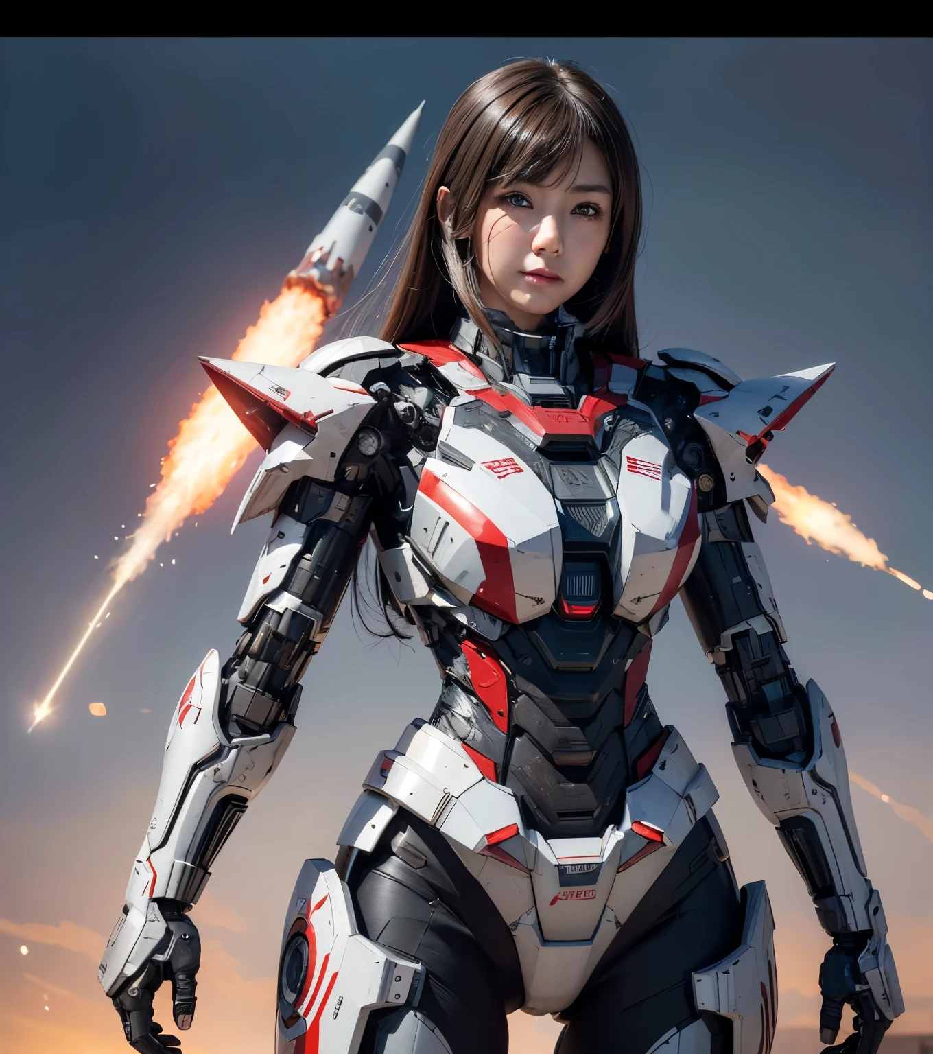  Super detailed, advanced details, high quality,  High resolution, 1080p, hard disk, beautiful,(war machine),Armor War,(Rocket Missile)Capture the big picture,beautiful,Mecha cyborg girl,battle mode,Mecha body girl,She is wearing a futuristic war machine weapon mecha