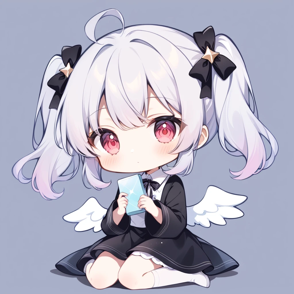 pastel colors, chibi, (little angel:1.5), 1girl, red eye, twin tails, silver hair, ahoge, black ribbon, black dress