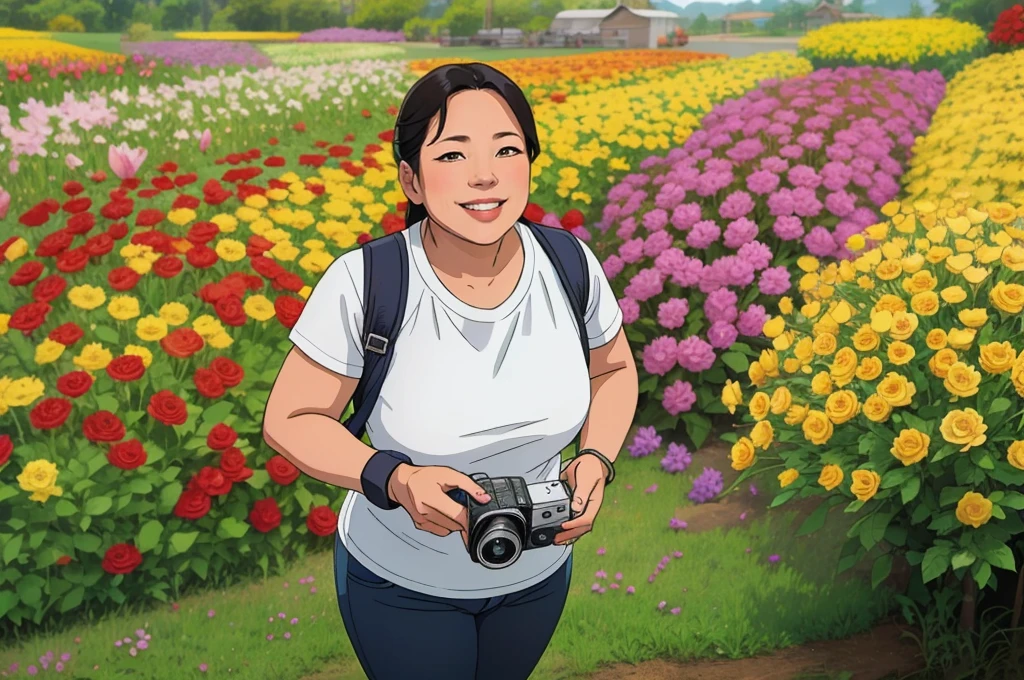 cartoon of a woman holding a camera In a field of flowers, Standing in the flower field, Standing in the flower field, Flower fields in the foreground, In a field of flowers, inspired by Naomi Okubo, girl frontal lobe in flower field, sitting In a field of flowers, Girl in the flower field, In a field of blooming flowers, Inspired by Kim Jong-hee