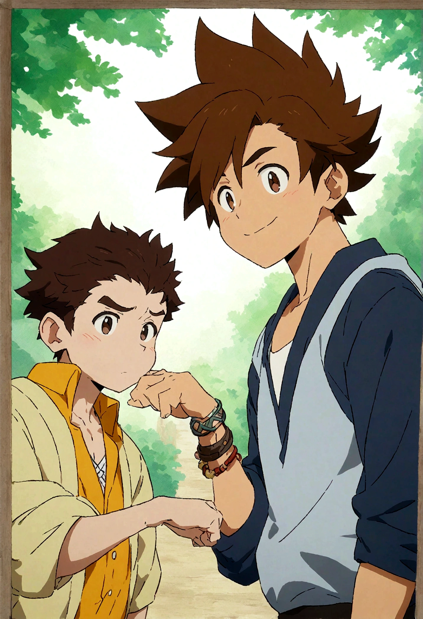 boys,,,,,,boys,,,,,,male protagonist,,,rito_yuuki,Brown Hair,Brown Eyes,Spiked Hair,Bright Eyes,A refreshing and cheerful personality,Men&#39;s Center,A rich expression,bracelet,thin limbs,Pure Innocence,Casual clothes,Naturally erotic guy,,,Lucky Pervert,,Depth of written boundary,,creation,high resolution,4k,8k,quasi-masterpiece,highest quality,Cel animation art,Anime Style,Anime Style,2D illustration,Character Portrait,