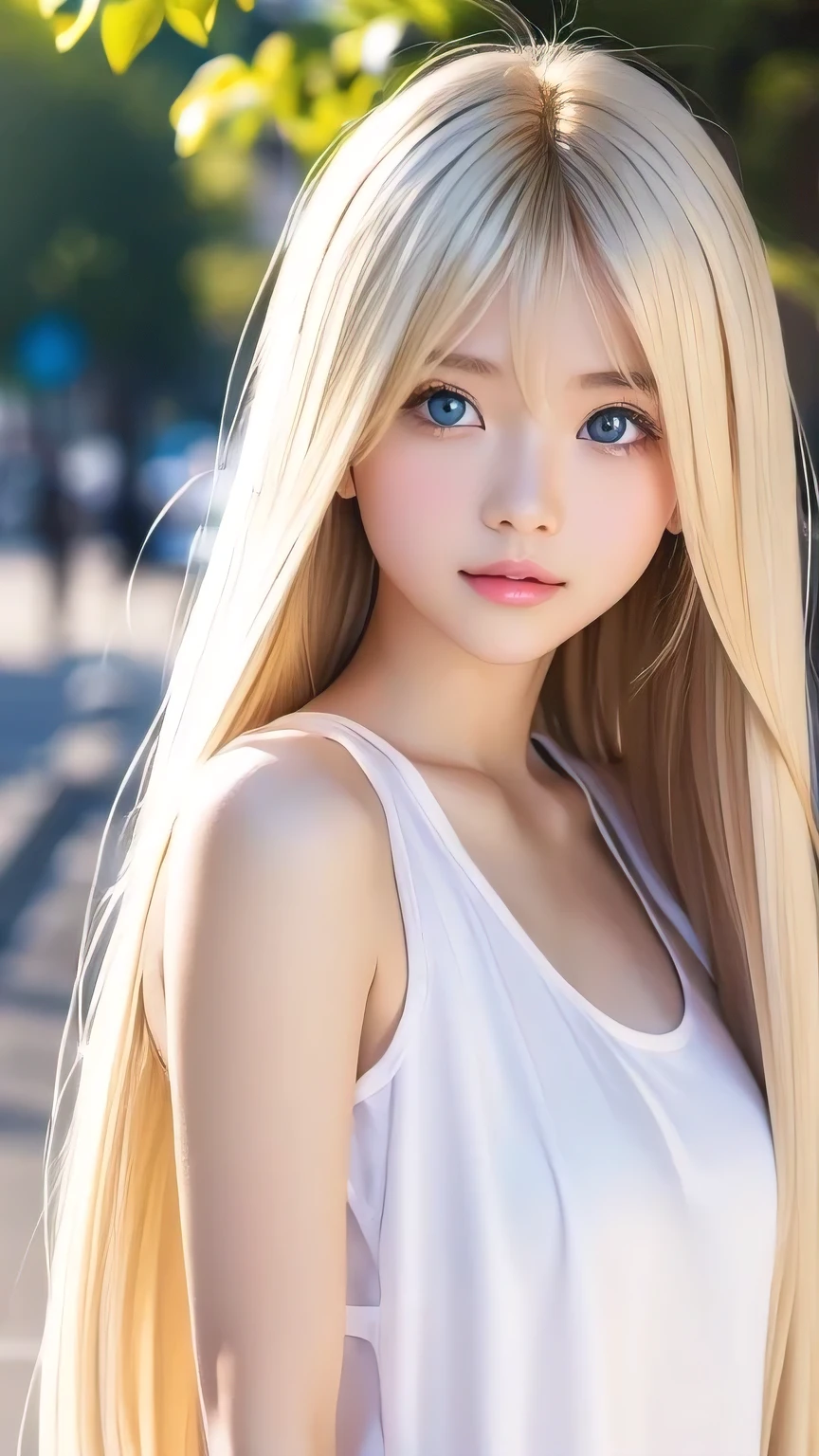 Shiny, clear, white skin、The blonde hair blowing in the wind falls over her pretty face、Colossal、Cute aged 16、Beautiful super long straight hair that stands out、Very bright, big eyes that shine so beautifully、Cute long silky bangs covering her eyes, Hair that covers the face, super long hair、Sexy cute young woman、Long natural blonde shiny hair、Small Face Beauty、Round face