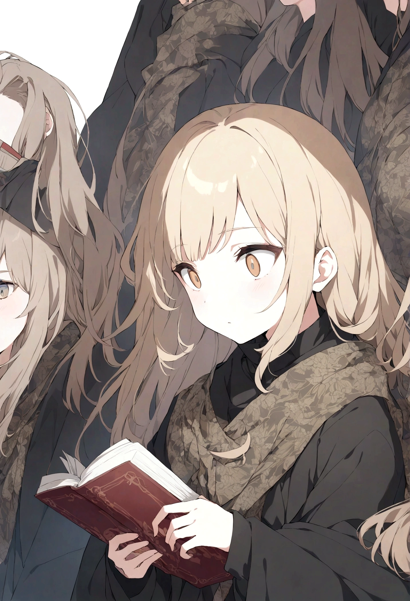 16 years old brownish blond girl with sharp eyes and soft face, looking mysterious wearning all black holding books