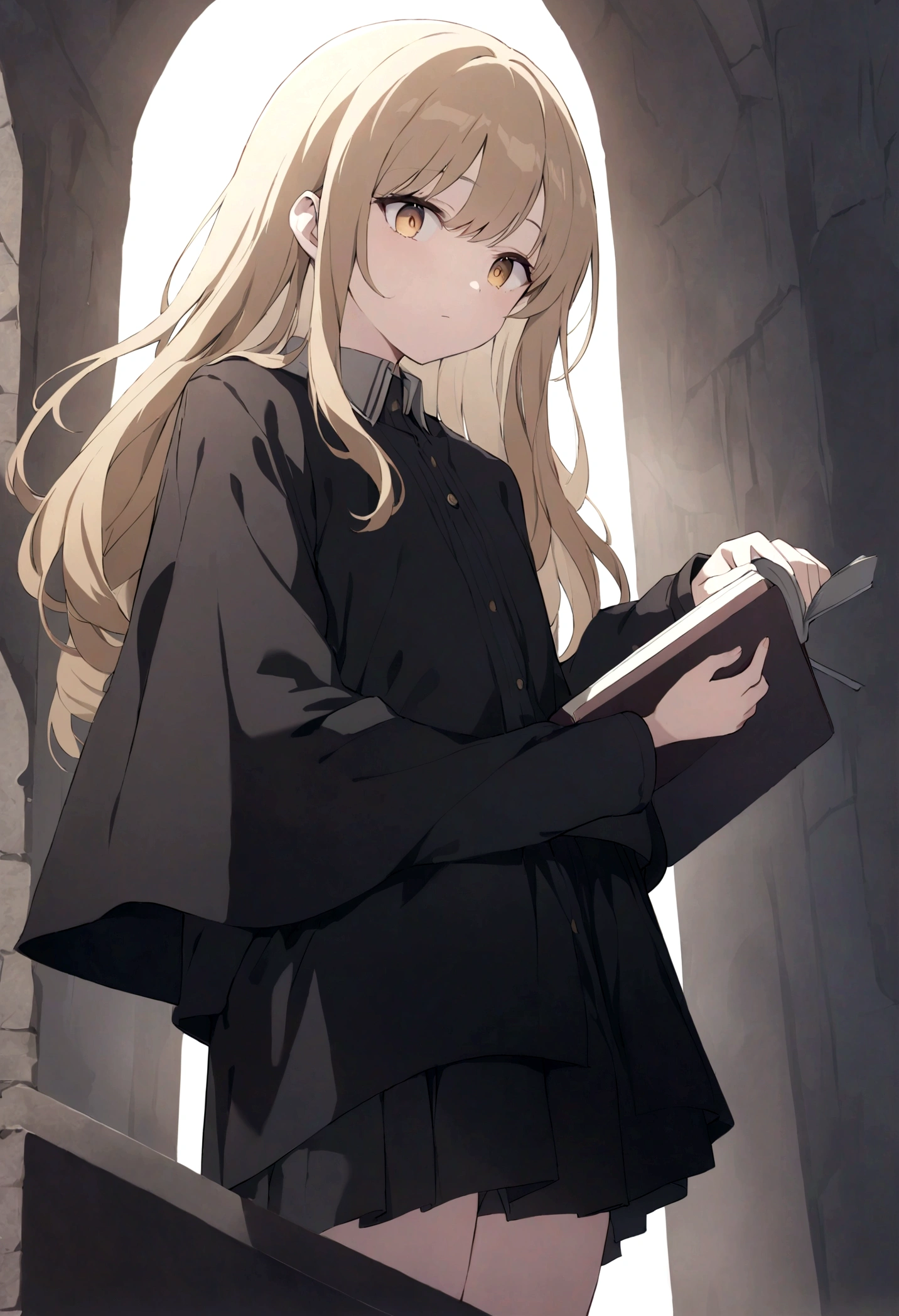 16 years old brownish blond girl with sharp eyes and soft face, looking mysterious wearning all black holding books