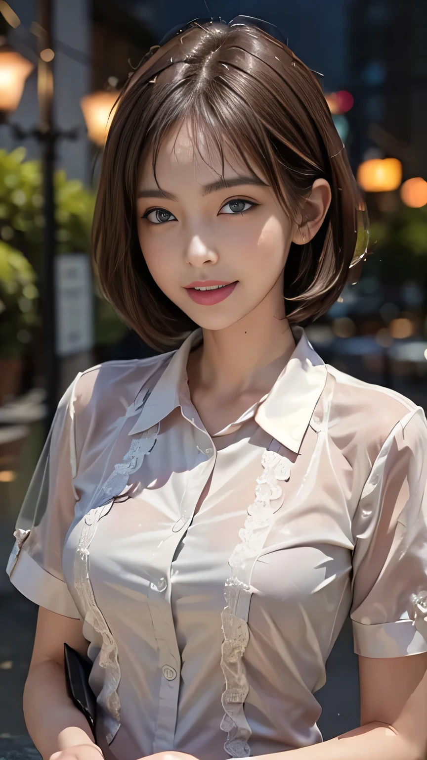 (8k, highest quality, masterpiece: 1.2), (Realistic, Realistic: 1.3), Very detailed, 1 girl, Mid-chest, Beautifully detailed skies, Detailed Cafe, night, (blush), (smile: 1.15), (Mouth closed),  (Collared shirt: 1.1), night, Wet, Office Clothes, rain, White lace, (short hair: 1.2), Floating hair , Random sexy poses,