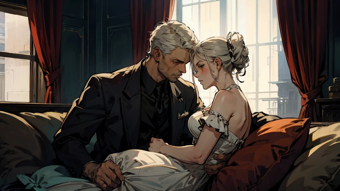 чрезвычайно detailsзированные лица, Good Skin, details, 8K, voltage, serious atmosphere, gothic handsome fit male vampire, a pretty young girl with white hair straddled him in a pale pink dress with bows and ruffles, gothic novel