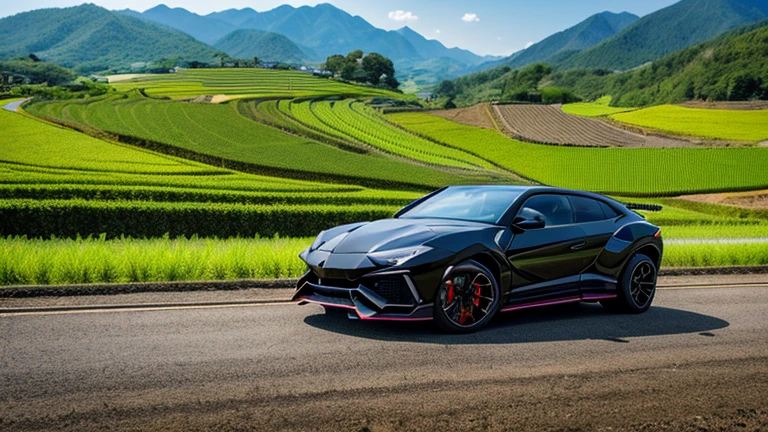 Japan, countryside, black Lamborghini Urus travelling at 60 mph. Beautiful terraced rice fields and mountains.