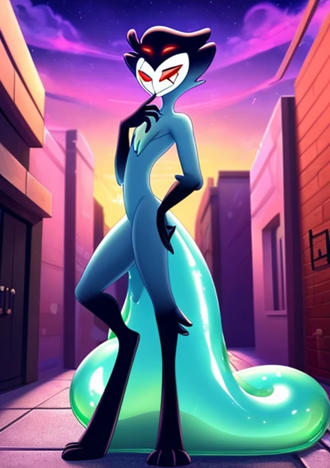 Teathekook (style), ((masterpiece)), ((8k quality)), (no watermark), stolas, male, mouth closed, detailed alley, standing, seductive pose, (solo:1.4), sleek, shiny slime body, gooey, slimy tail feathers, slimy,