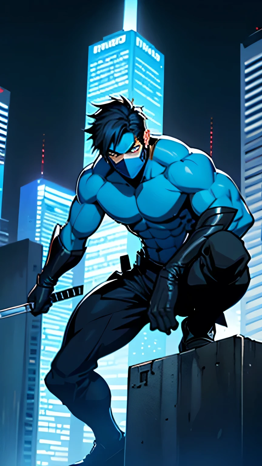 a nightwing-like ninja vigilante on top of a skyscraper at night in a blue city