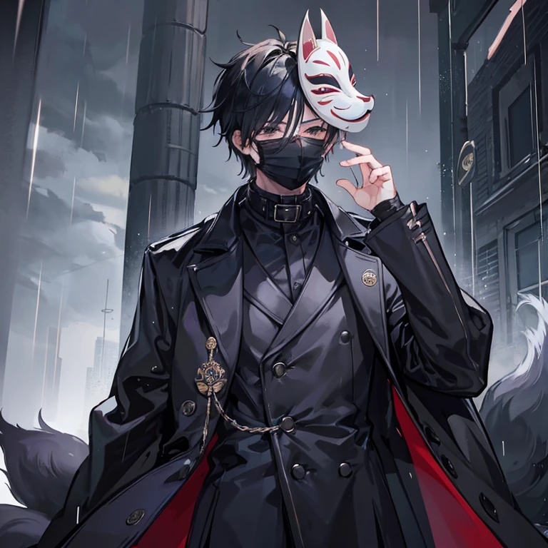 1boy, black heir, Night City, rain, ((long coat)), (((fox mask))),hand up,mask on hand,covering face,