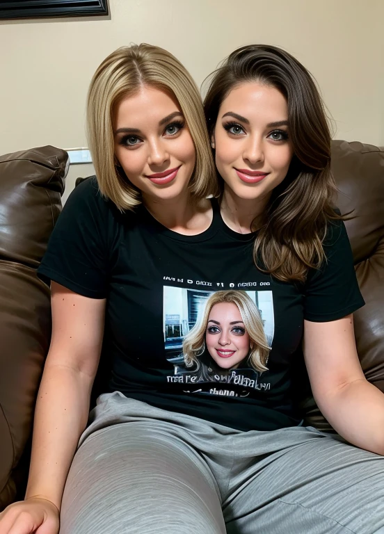 best resolution, 2 heads, two friends become conjoined, different heads, blonde, eyeliner, 25 years old, cute, flirting, tShirt, sweatpants, sitting on couch, waiting for you,