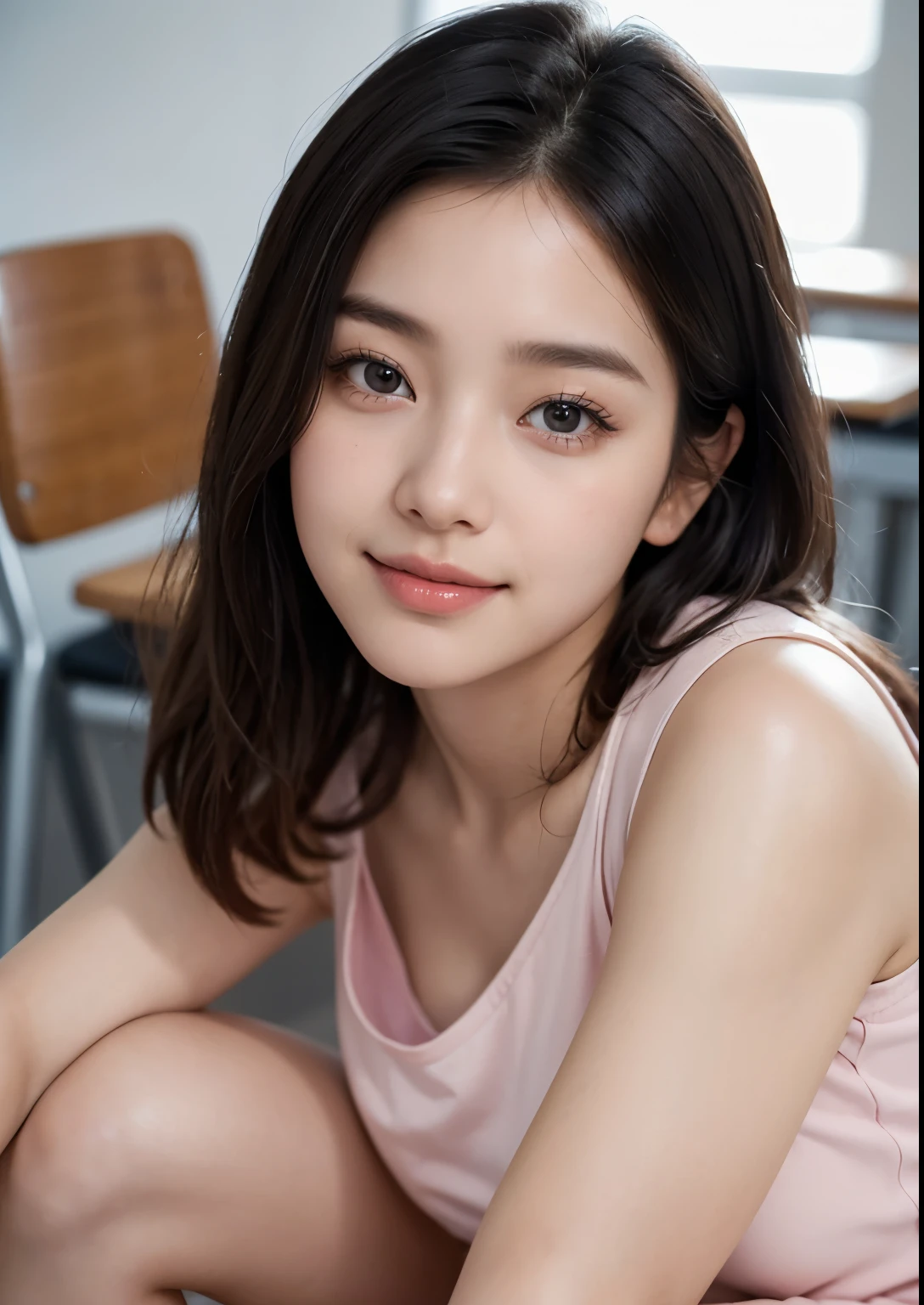 a beautiful cute and sweet 18 year old Korean college student girl in a classroom, sitting with an above knee length pink uniform, intricate detailed face, beautiful eyes, nose, lips, long eyelashes, elegant posture, ambient lighting, photorealistic, cinematic lighting, highly detailed, 8k, masterpiece, beautiful face, realistic face, realistic skin, realistic smile, realistic atmosphere, every thing is realistic, cutest smile, realistic body, realistic body language, mouth watering beauty, cute face, stylish look, stylish angles, tempting eyes, realistic hands, realistic arms, realistic hand fingers, realistic legs, bright skin
