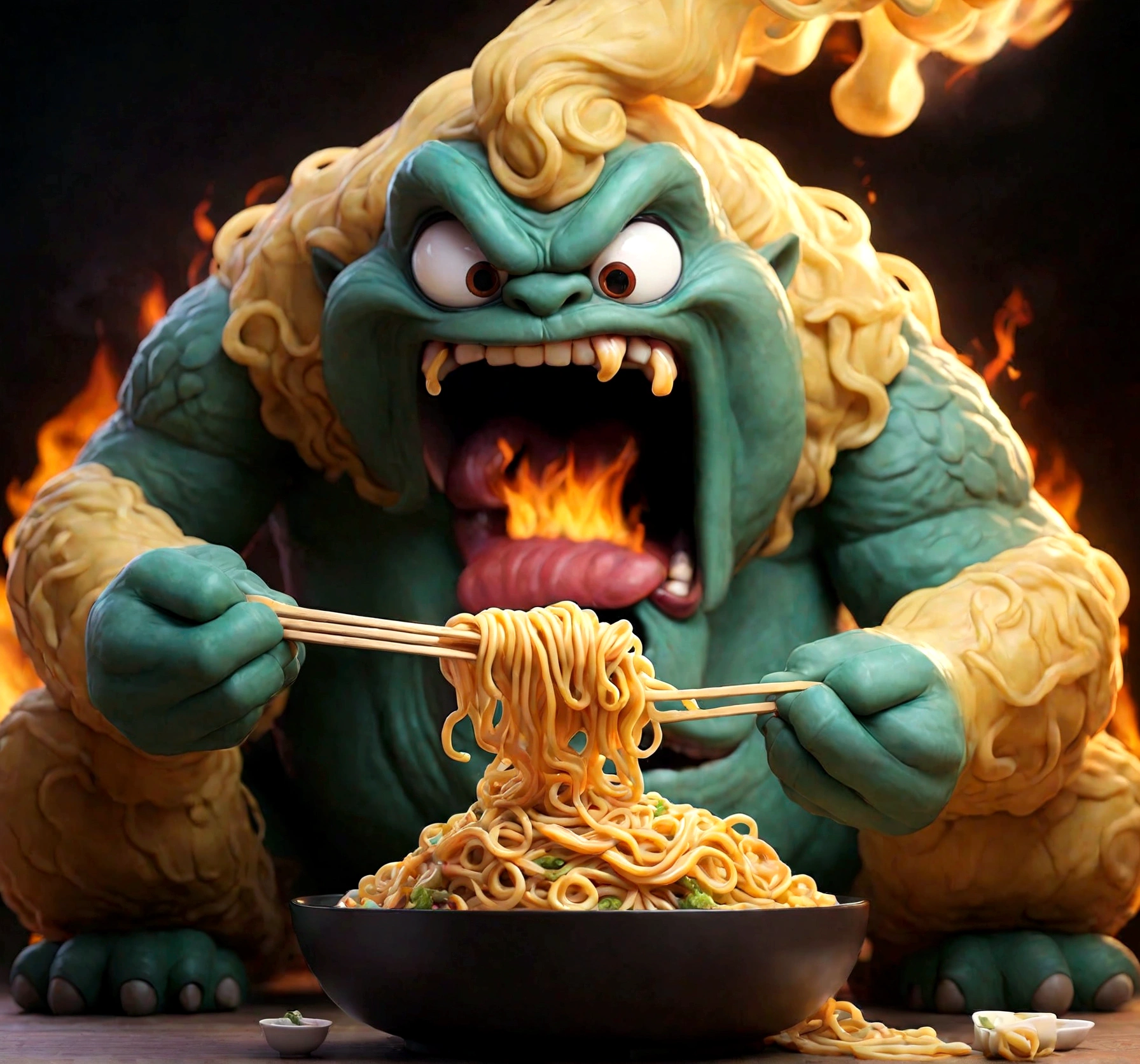 a big fire monster eating noodles