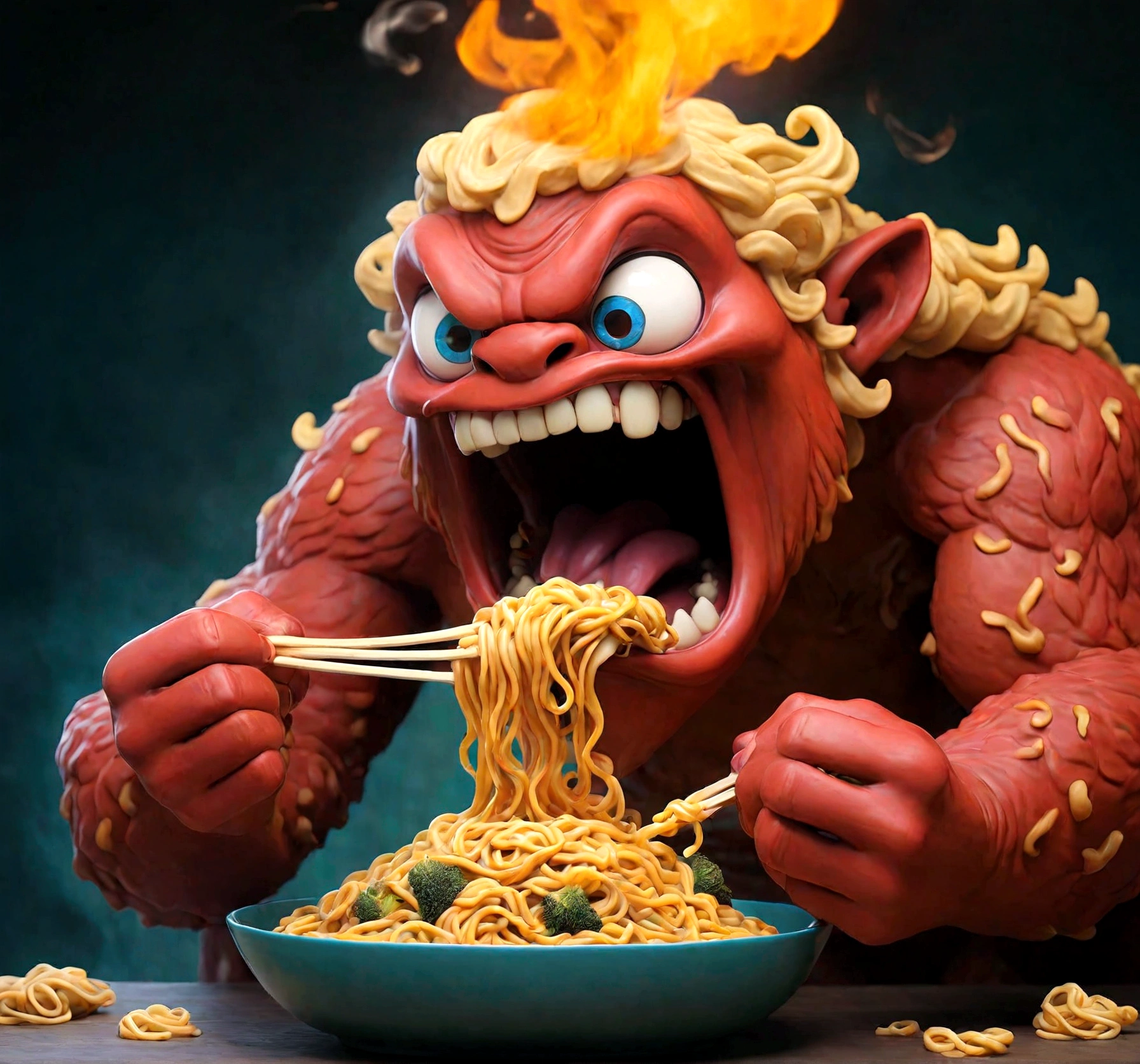 a big fire monster eating noodles
