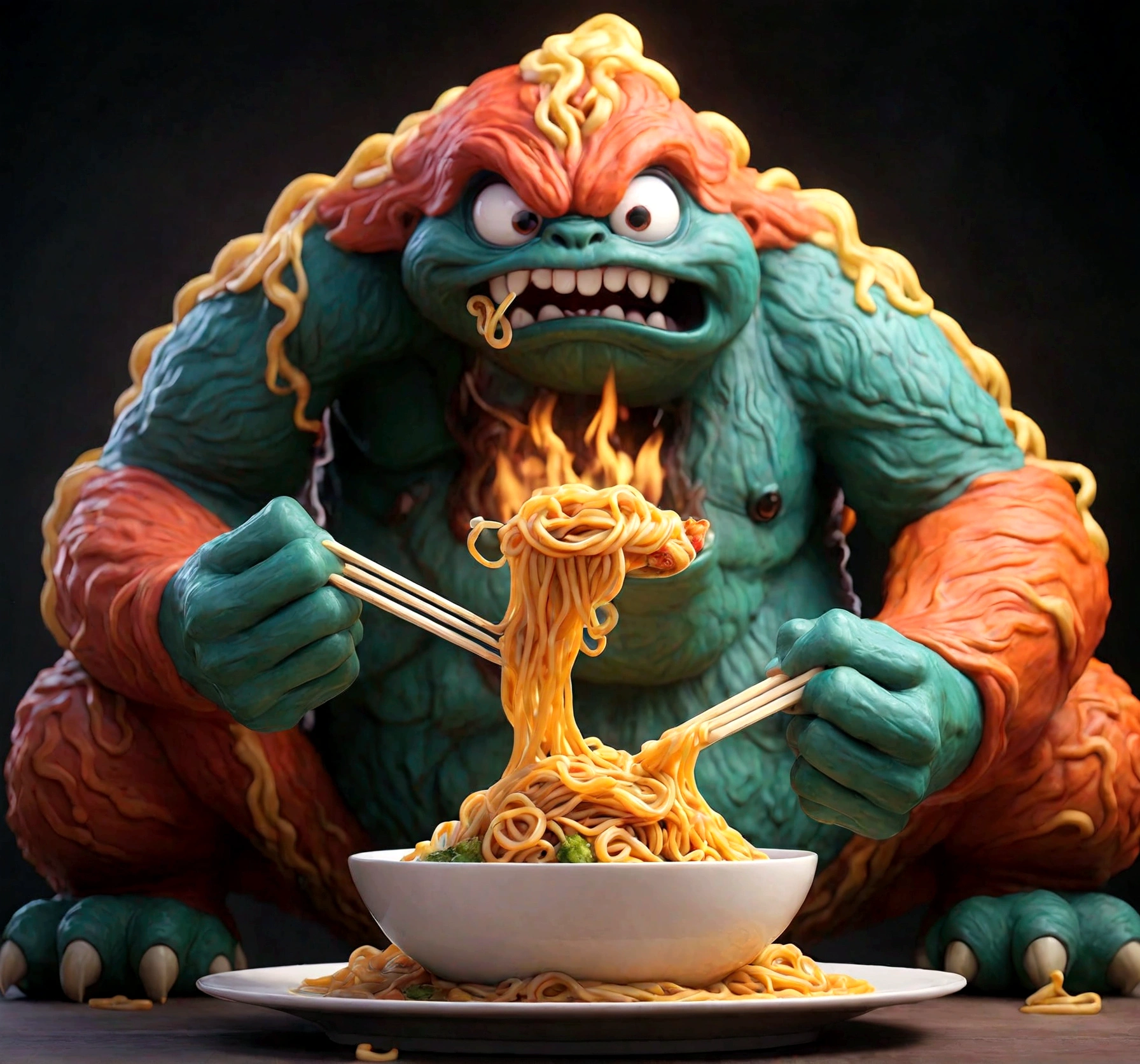 a big fire monster eating noodles