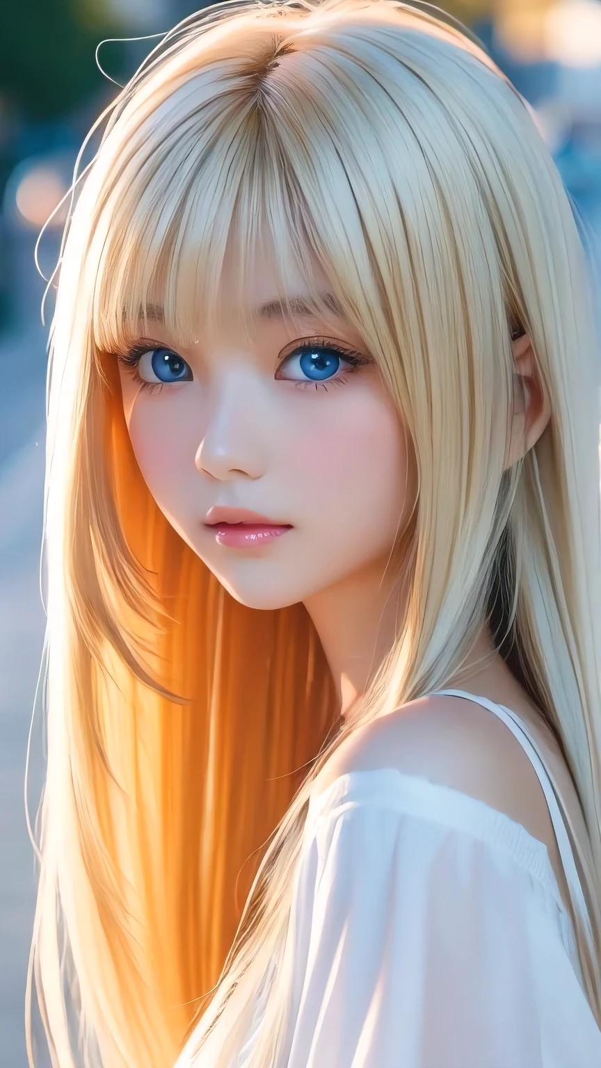 Shiny, clear, white skin、The blonde hair blowing in the wind falls over her pretty face、Colossal、Cute aged 16、Beautiful super long straight hair that stands out、Very bright, big eyes that shine so beautifully、Cute long silky bangs covering her eyes, Hair that covers the face, super long hair、Sexy cute young woman、Long natural blonde shiny hair、Small Face Beauty、Round face