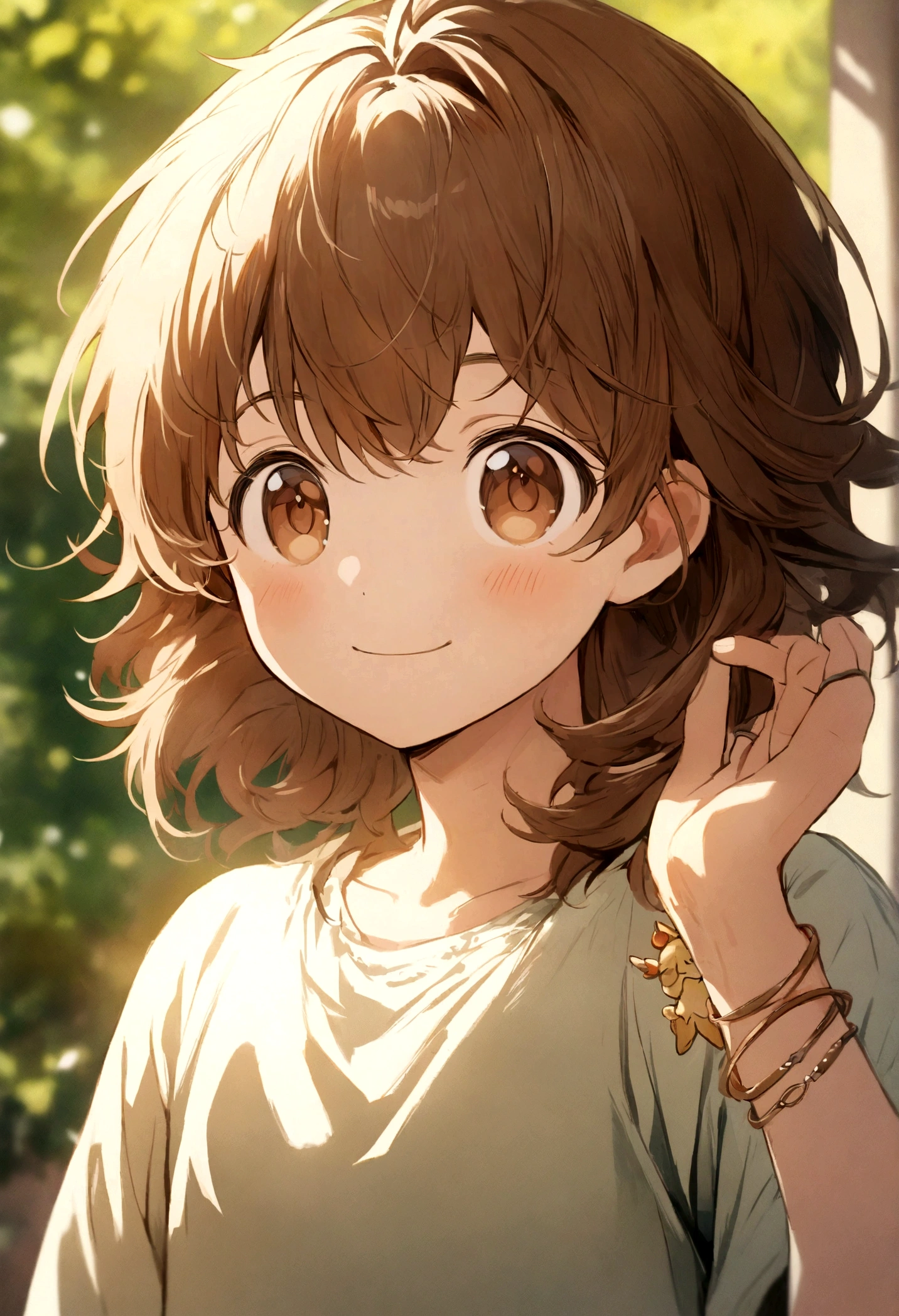 A cute anime-style boy with tousled brown hair, warm brown eyes, and a bright, cheerful expression, wearing casual clothes and a bracelet, with a natural, innocent charm, in a high-quality, 4k, 8k, masterpiece-level 2D illustration with depth of field, in an anime artistic style.