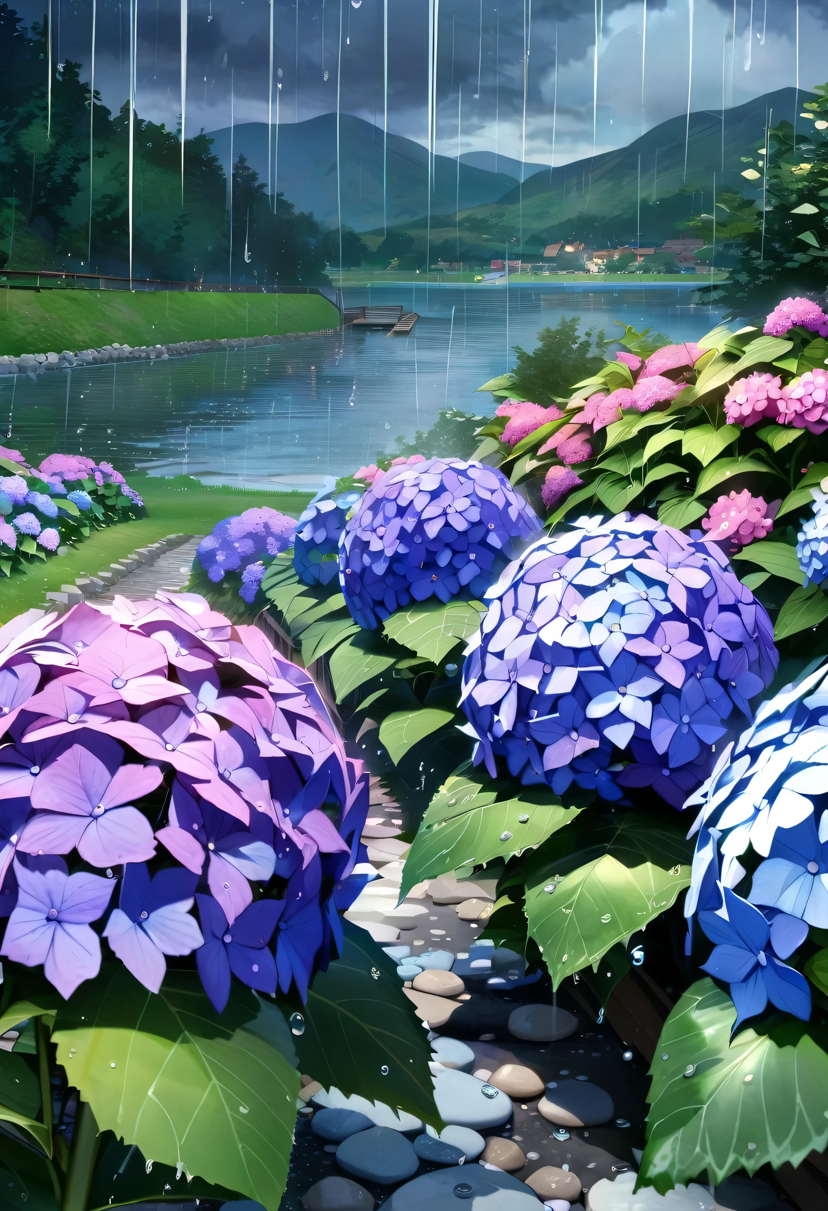 Hydrangea, garden, lake, Small hill, Pebble Road,anime, masterpiece, Rain,Cloudy,highest quality, Anatomically correct, Attention to detail, 8k, wallpaper,Water droplets sparkle,Dark Sky