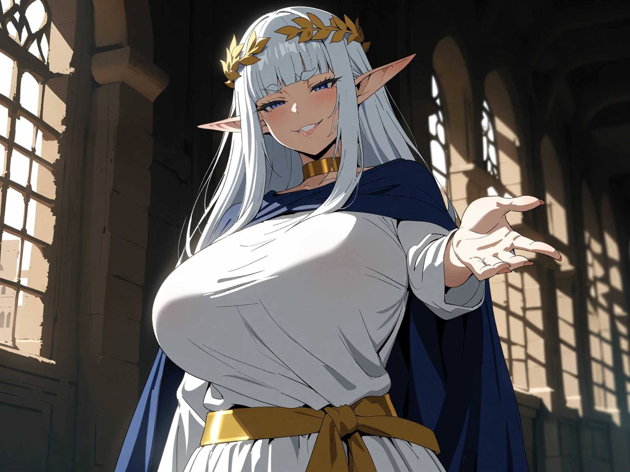 {{cowboy shot, straight-on}} {{Artist: Sincos}} 1girl, solo, mature female, elf, pointy ears, silver hair, long hair, blunt bangs, straight hair, blue eyes, long eyelashes, thick eyebrows, lips, huge breasts, evil smile, half-closed eyes, white gown, frilled dress, gold belt, gold laurel wreath, gold choker, blue cape, pov, beckoning, one hand on own hip, standing, indoors, palace, hallway, medieval fantasy.
