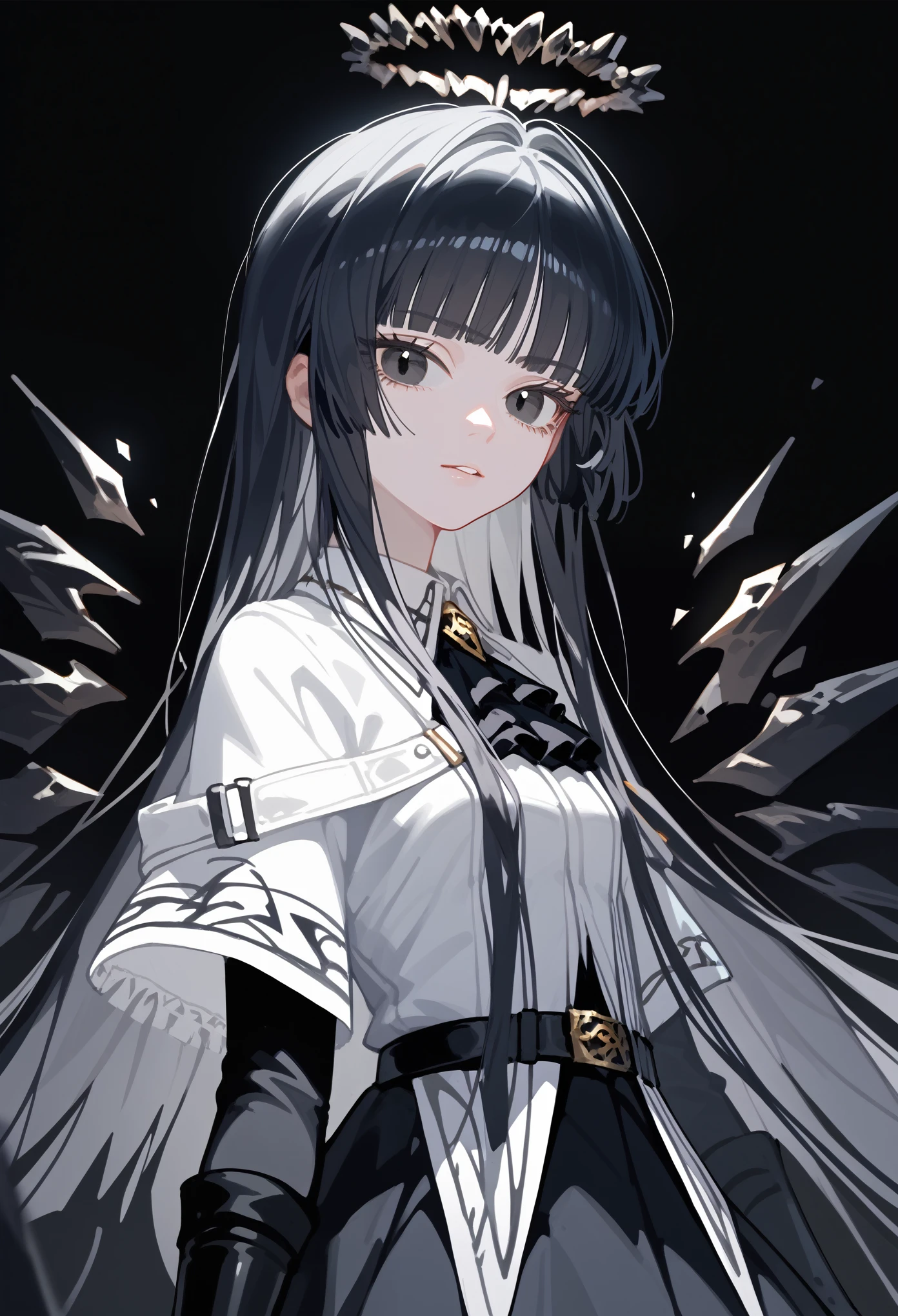 (score_9, score_8_up, score_7_up), completely in darkness, 1girl, VirtuosaBase, black eyes, long hair, hime cut, broken halo, black ascot, white shirt, capelet, black sleeves, black gloves, belt, black skirt, energy wings, looking at viewer, upper body, zoom out, small breasts, calm, portrait, black background, eerie background, creepy