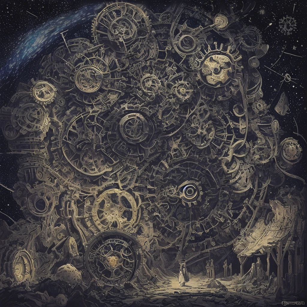 In the scenery of another world,Decorated with constellations, Surrounded by gears and cogwheels, Spend some time under a giant time machine in the shape of a cosmic pendulum. Highly detailed and expressive drawings in black ink