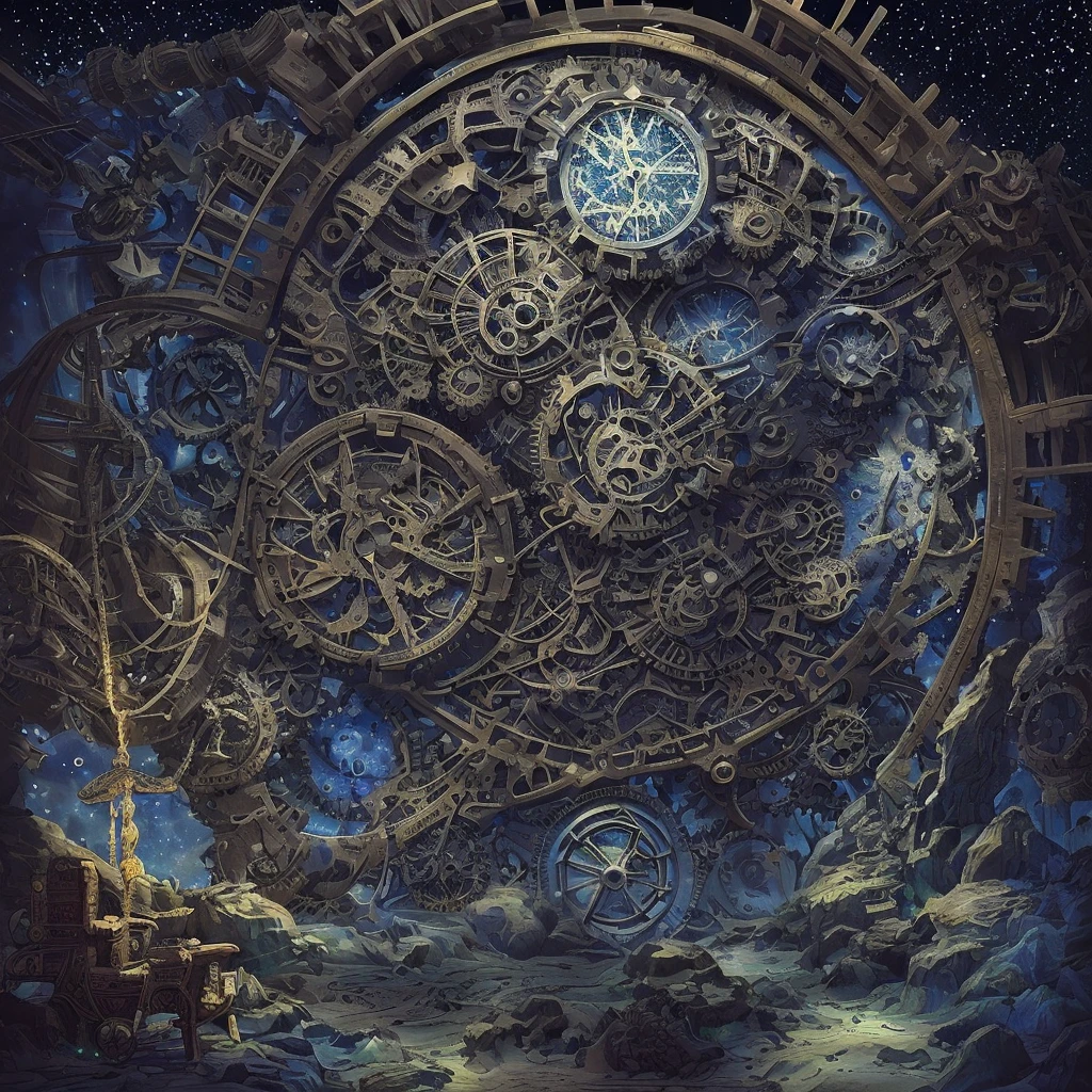 In the scenery of another world,Decorated with constellations, Surrounded by gears and cogwheels, Spend some time under a giant time machine in the shape of a cosmic pendulum. Highly detailed and expressive drawings in black ink